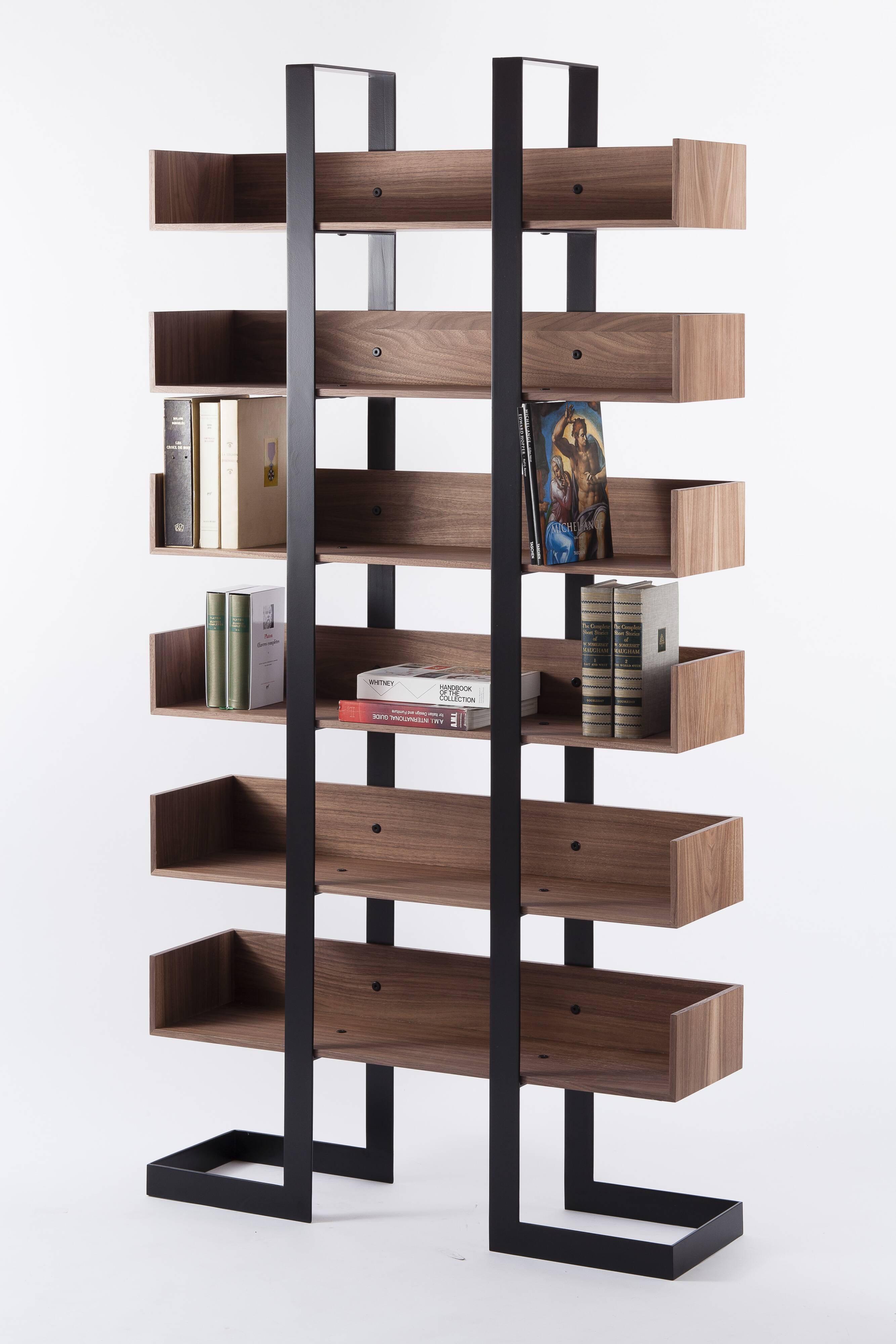 Severin 3 library in American walnut and matte black steel.