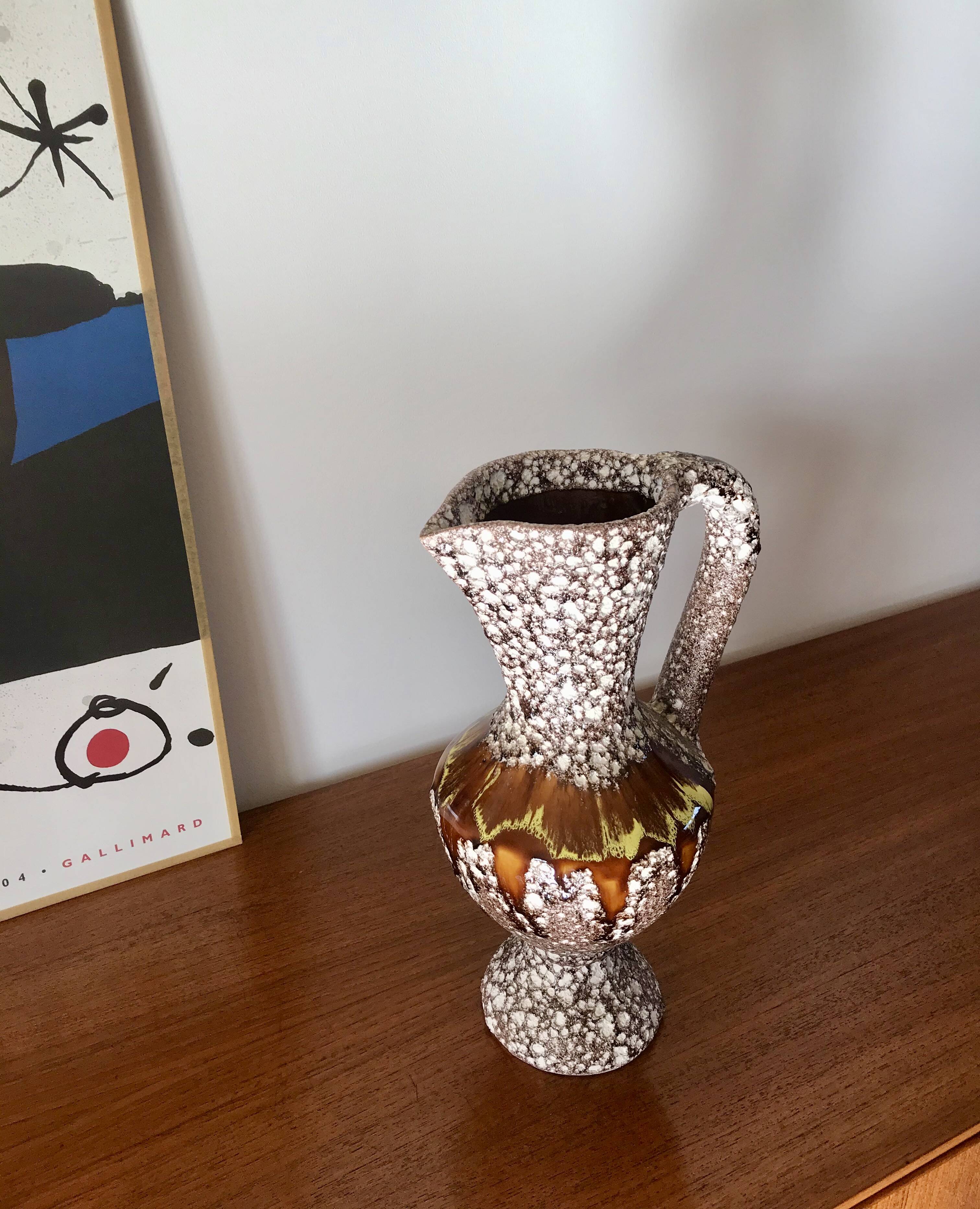 Large Vallauris Fat Lava brown and yellow ceramic pitcher from the 70s