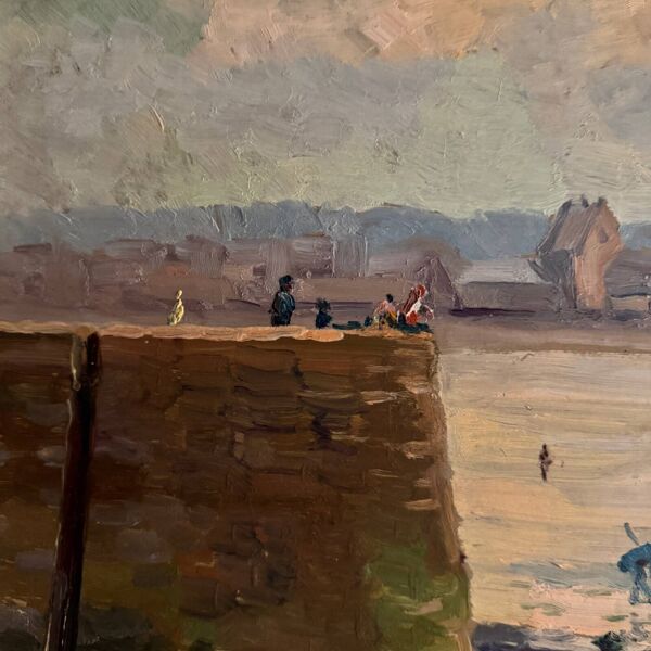 Huile sur Isorel bord de plage avec pêcheurs à pied 1958 par R.P.