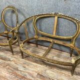 Frames of bench and armchair Louis XVI basket in gilded and lacquered wood