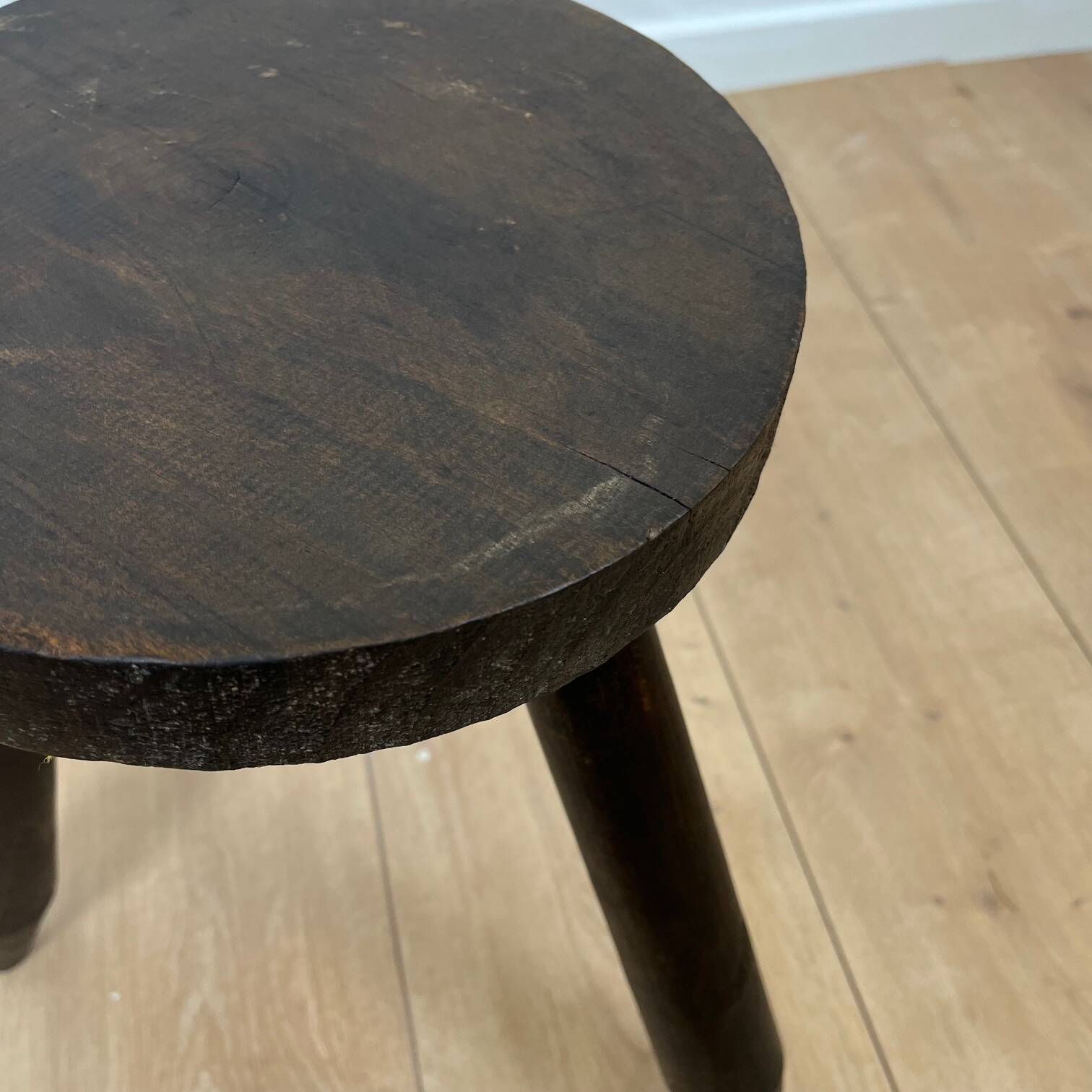 Small brutalist tripod stool in solid wood, 1960