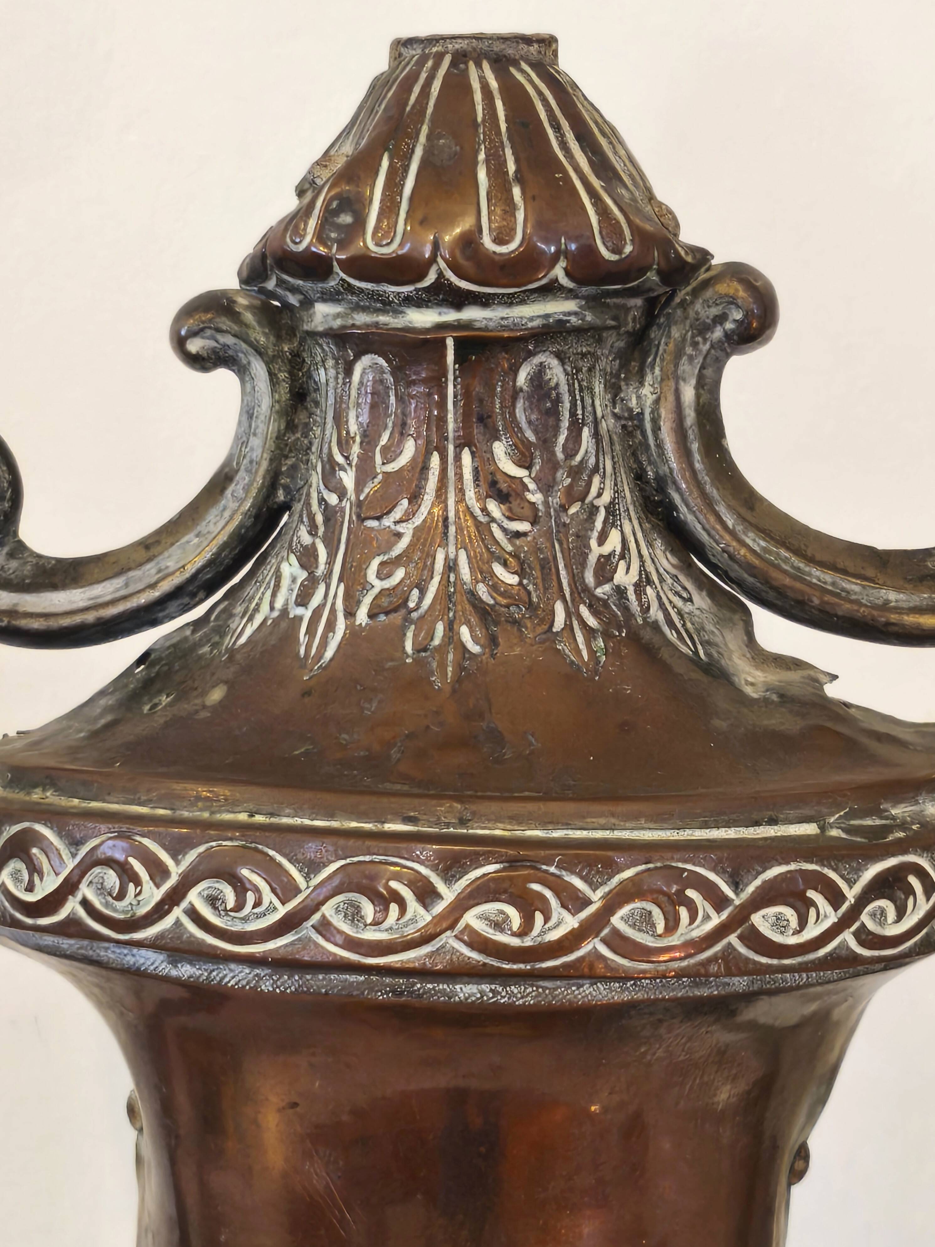 Pair of solid wood and bronze door handles, classical style, Italy 20th century.