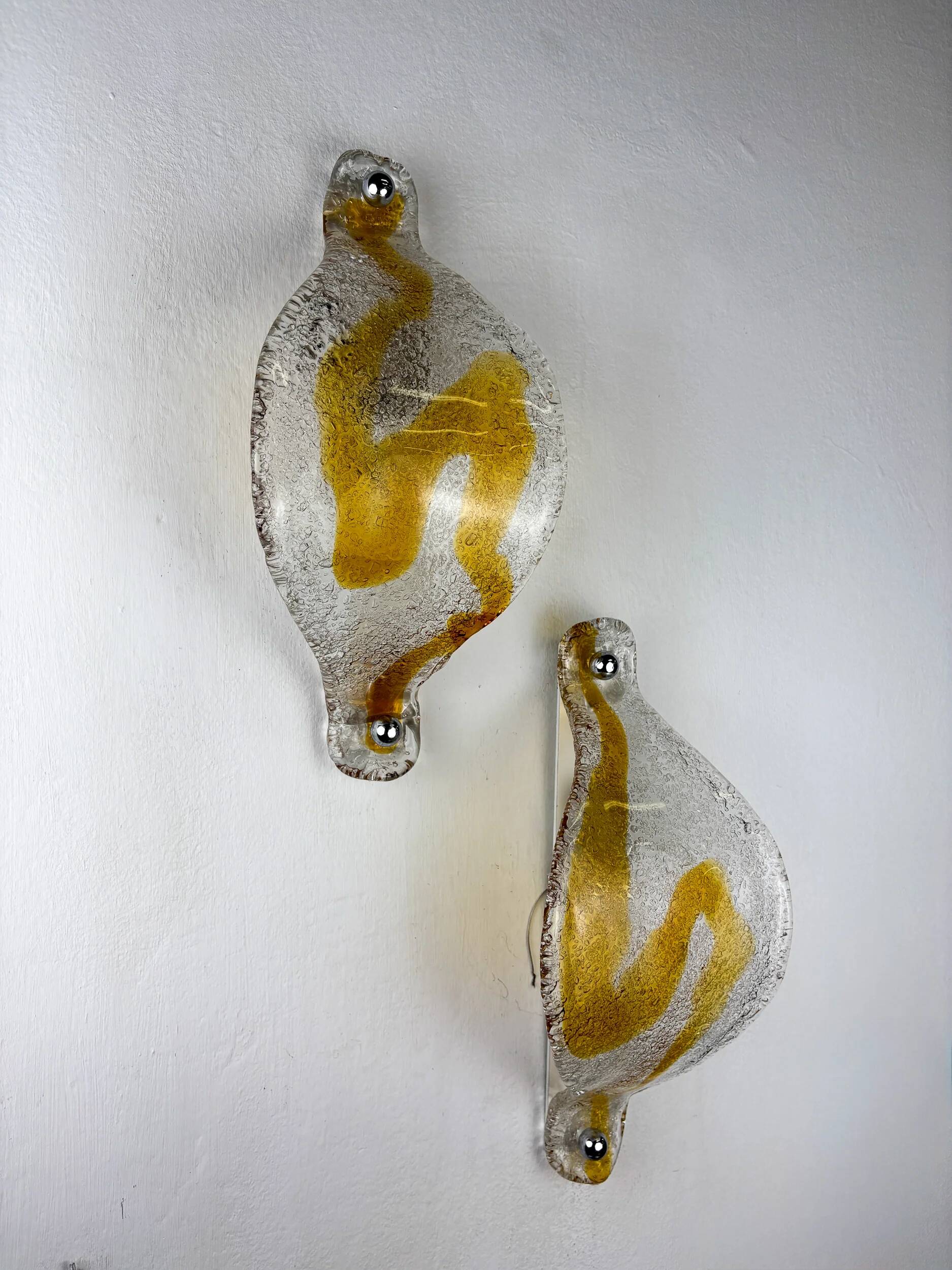 Pair of Mazzega Murano wall lights, orange frosted curved glass, Italy, 1970s