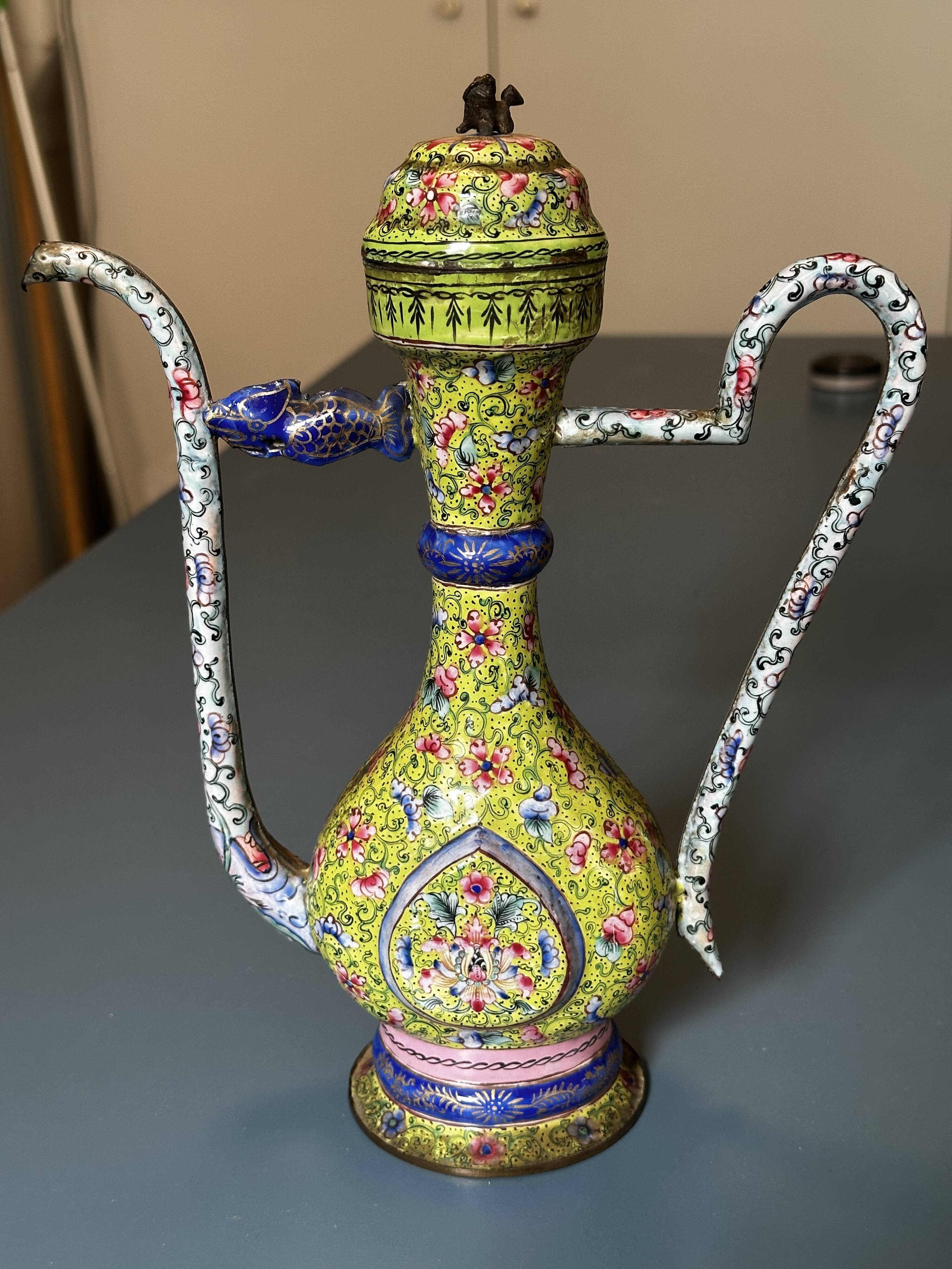 Chinese ewer in painted enamel on copper – floral decoration - Canton 18