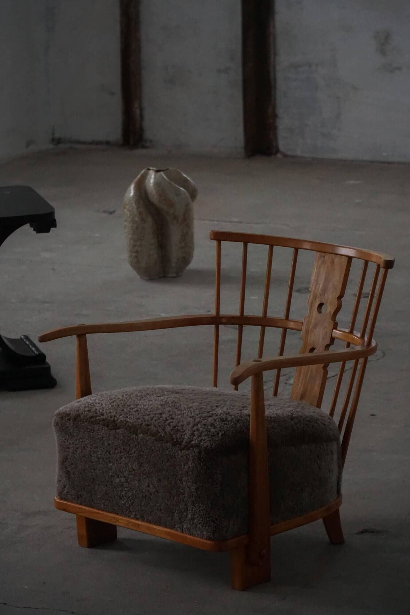 Armchair by Fritz Hansen, Model 1590, Elm & Lambswool, Scandinavian Modern, 1940s