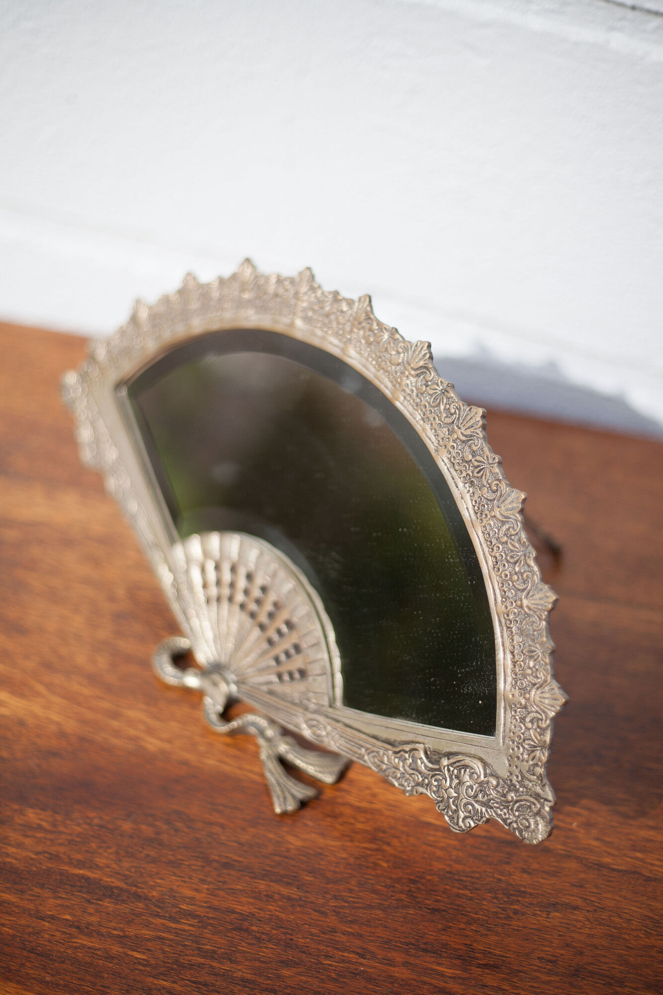 Patinated brass fan mirror, table mirror, courtesy mirror, beveled mirror, mirror to be installed