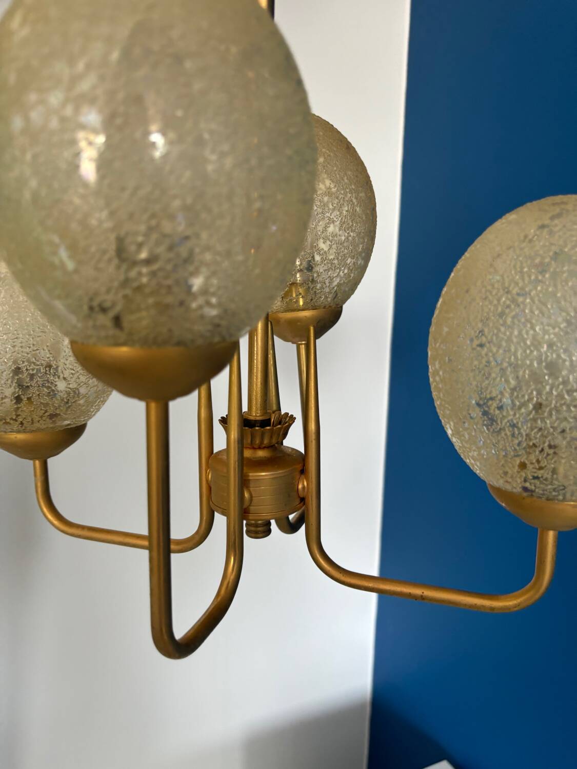 1950s gold pendant light with 4 egg globes