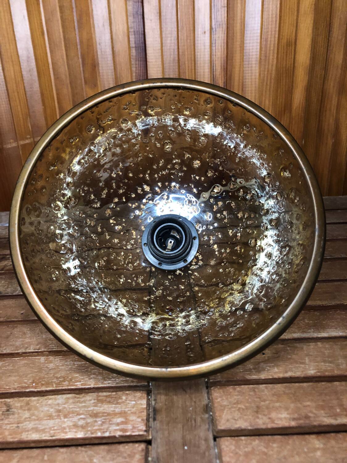 Old pendant lamp molded glass gold inlay + vintage brass contour