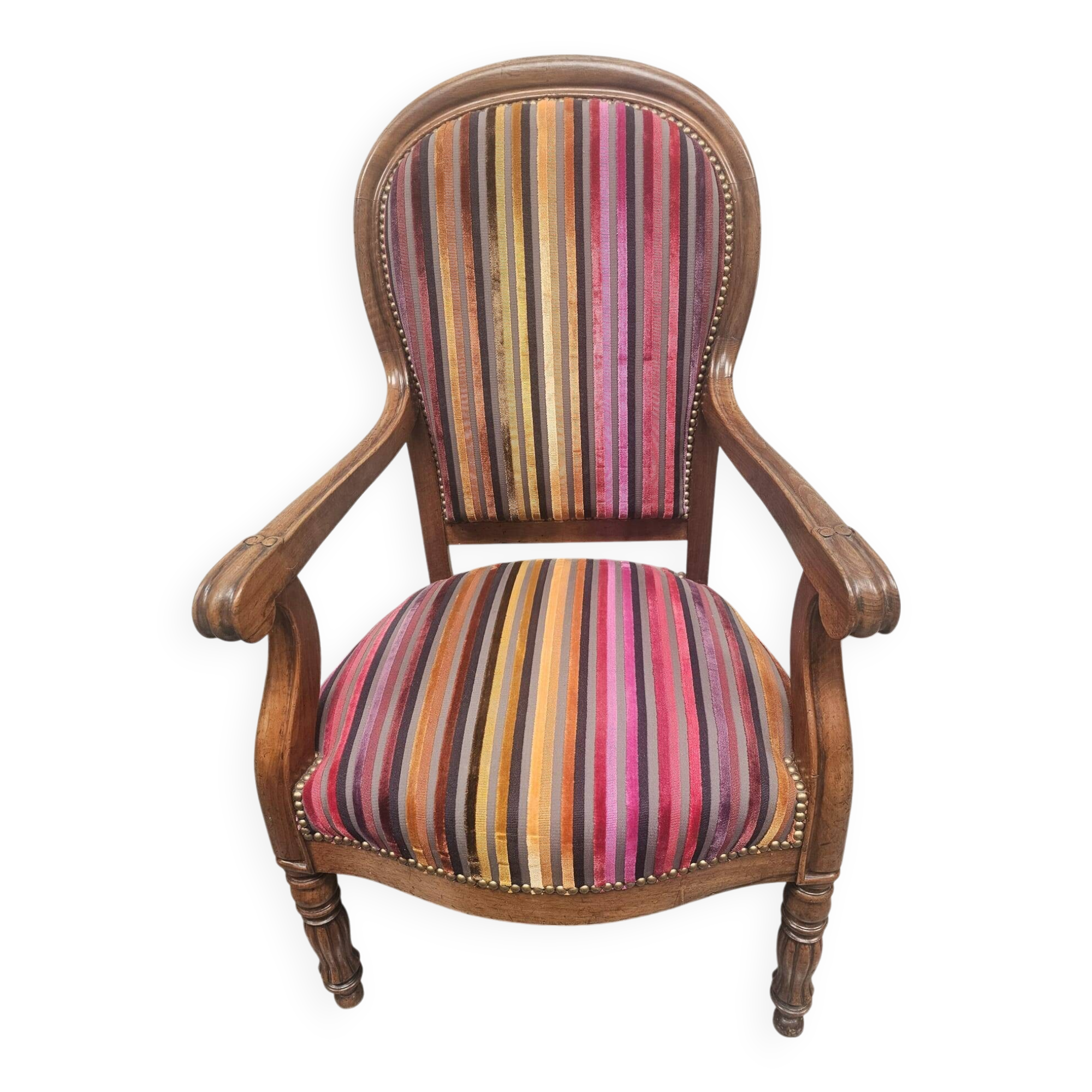 Antique armchair in multi-colored striped velvet with turned legs