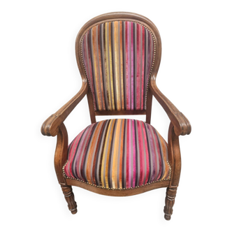 Antique armchair in multi-colored striped velvet with turned legs