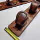 Pair of game bags in saddle leather and brass, old, 3 hooks, 57 cm