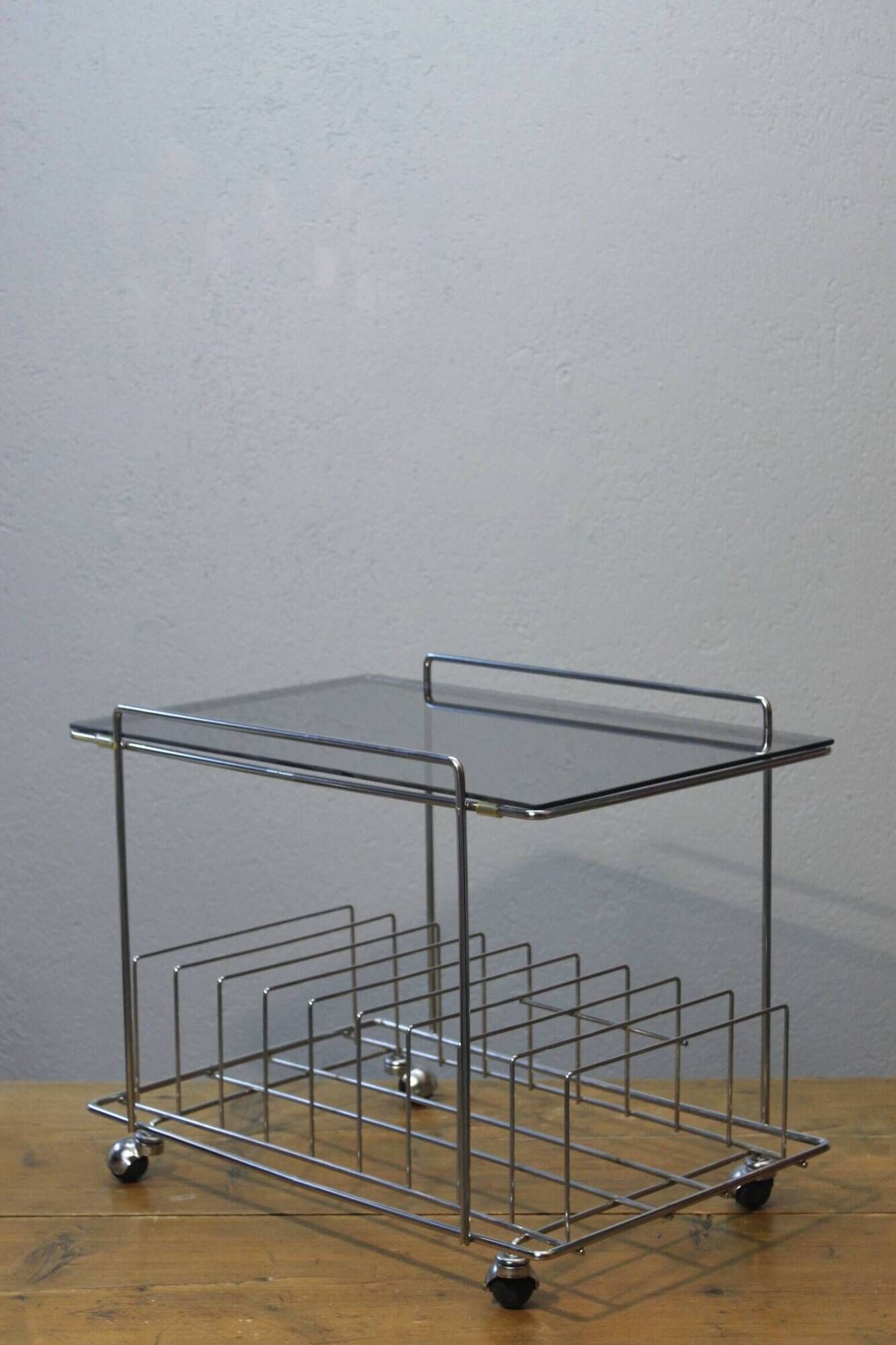 Rolling furniture serving for HIFI vinyl storage chrome & smoked glass 1970s