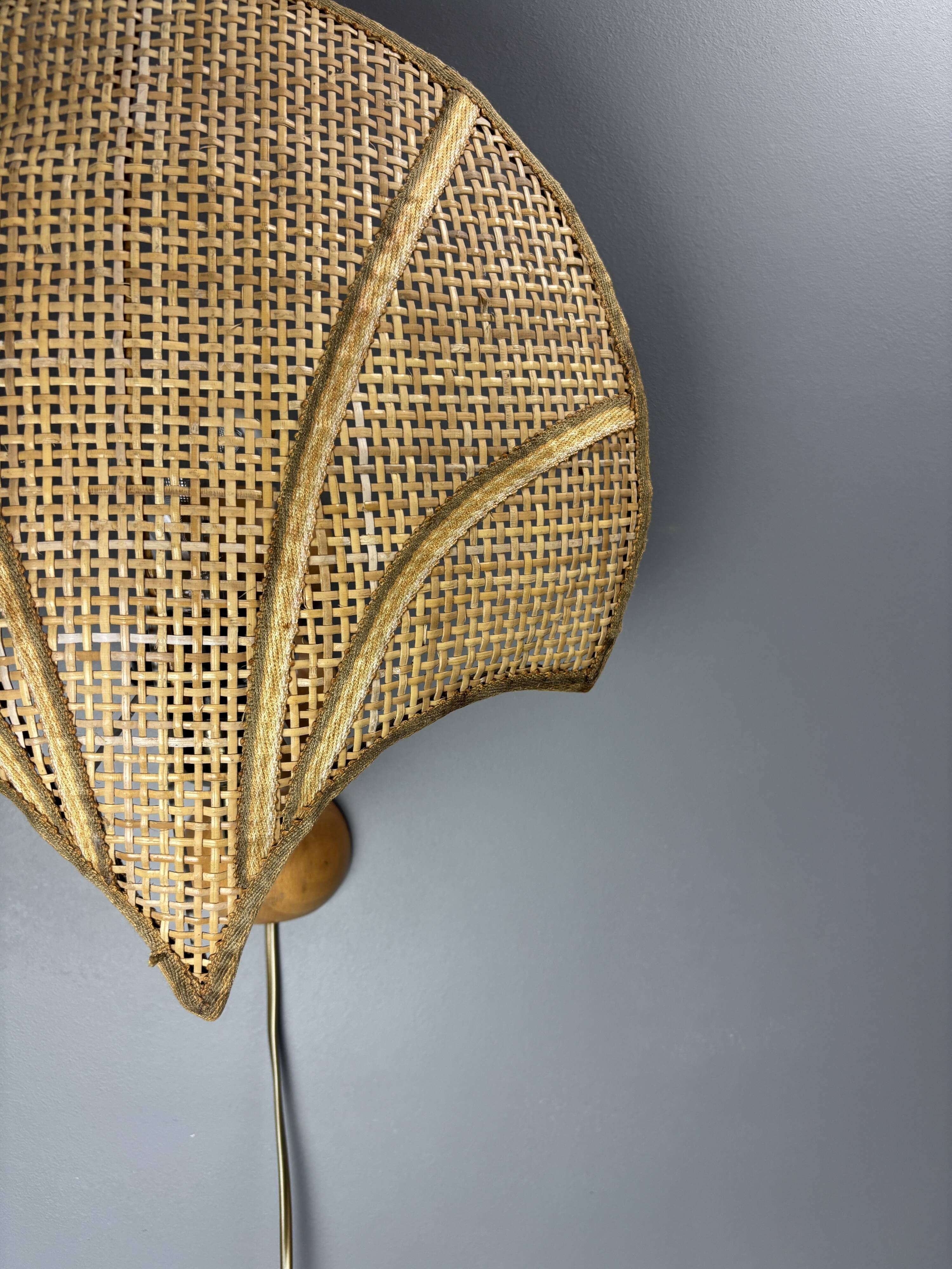 Pair midcentury Italian rattan wicker pine brass scallop wall sconces 1970s
