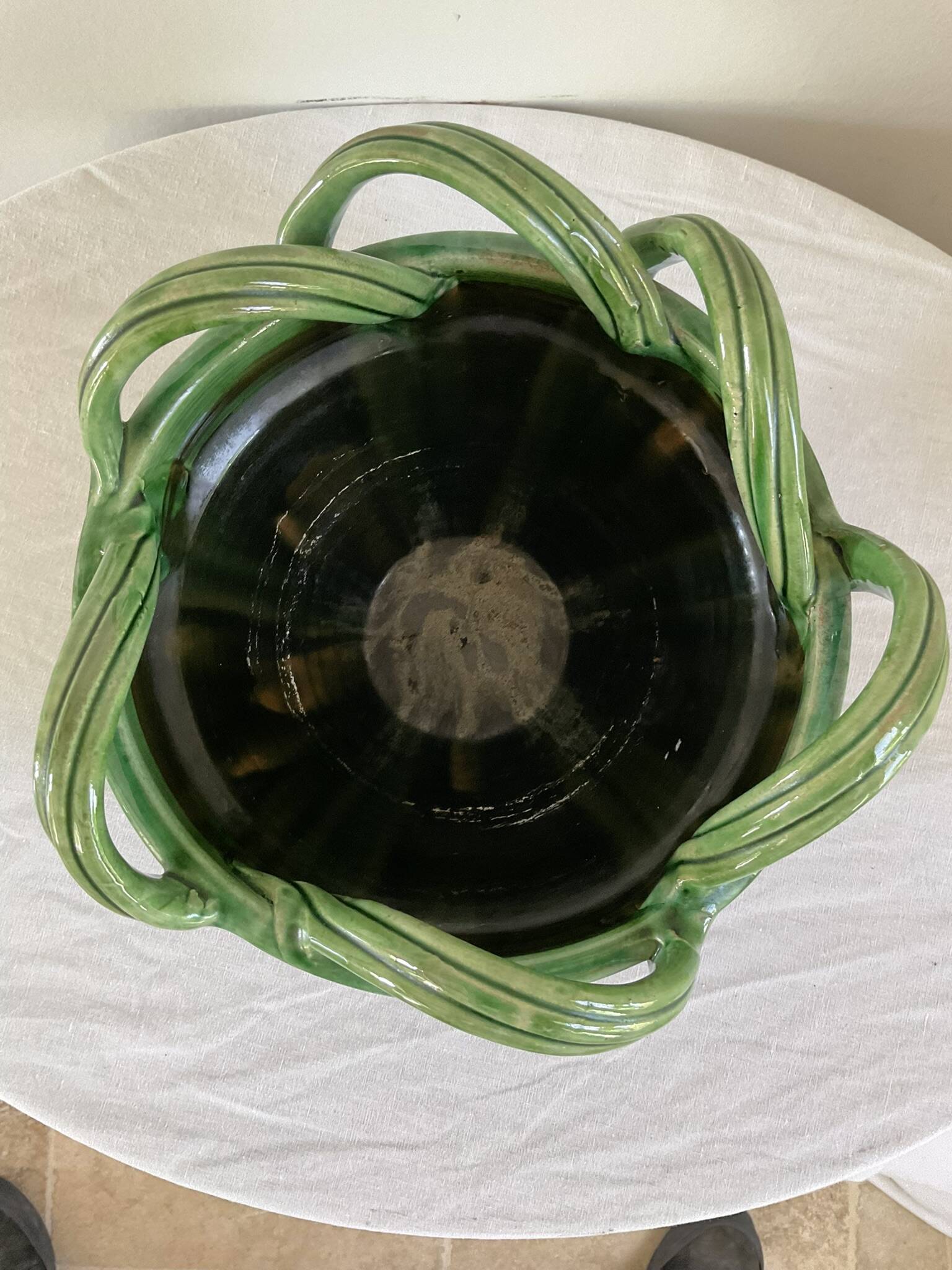 Vintage green glazed ceramic planter / cache-pot, Meyssac