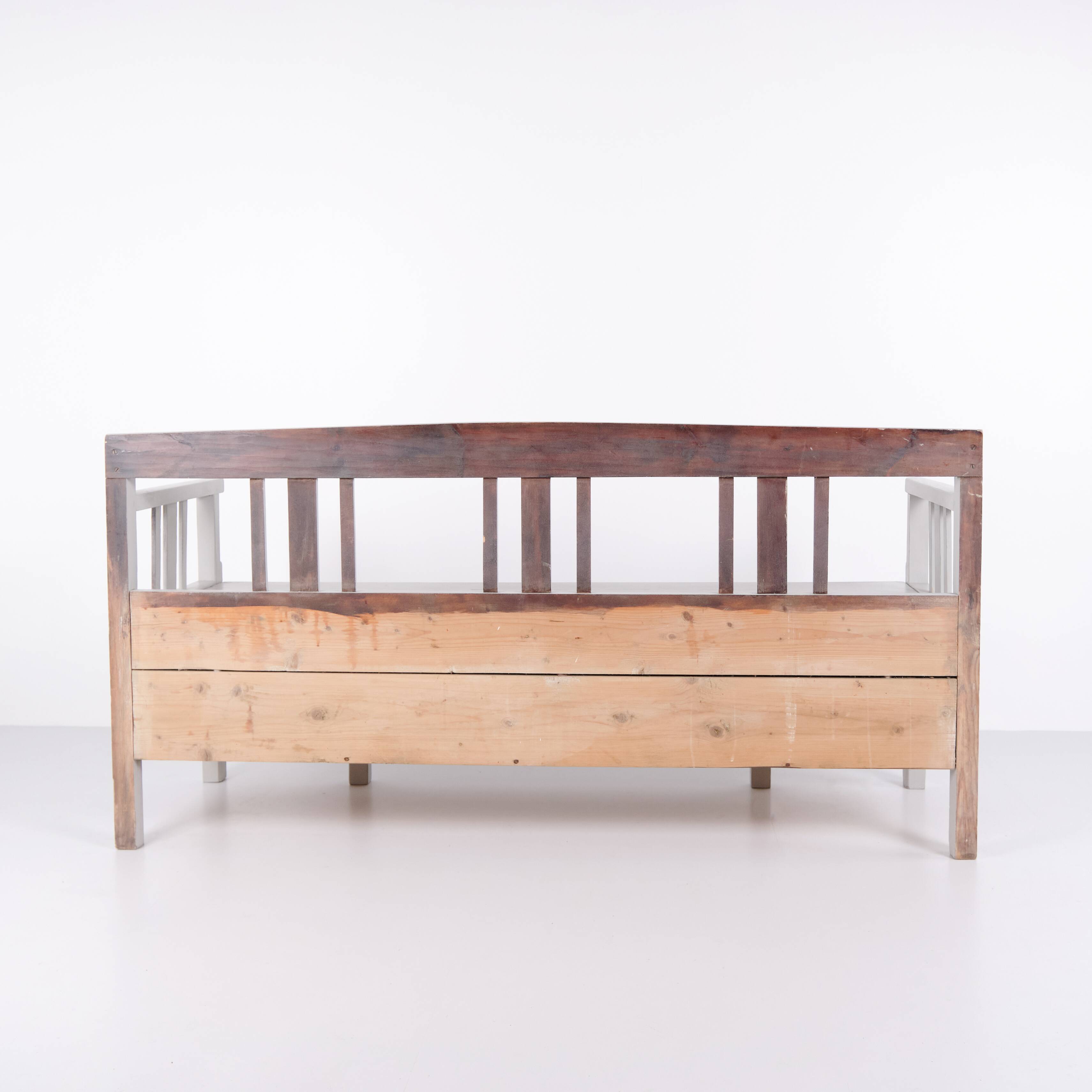 Antique storage bench – grey painted – pine wood – 1860s