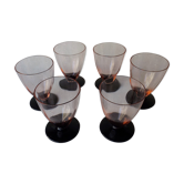 Lot de 6 verres à vin en cristal  rose et pied noir, Art deco, circa 1930