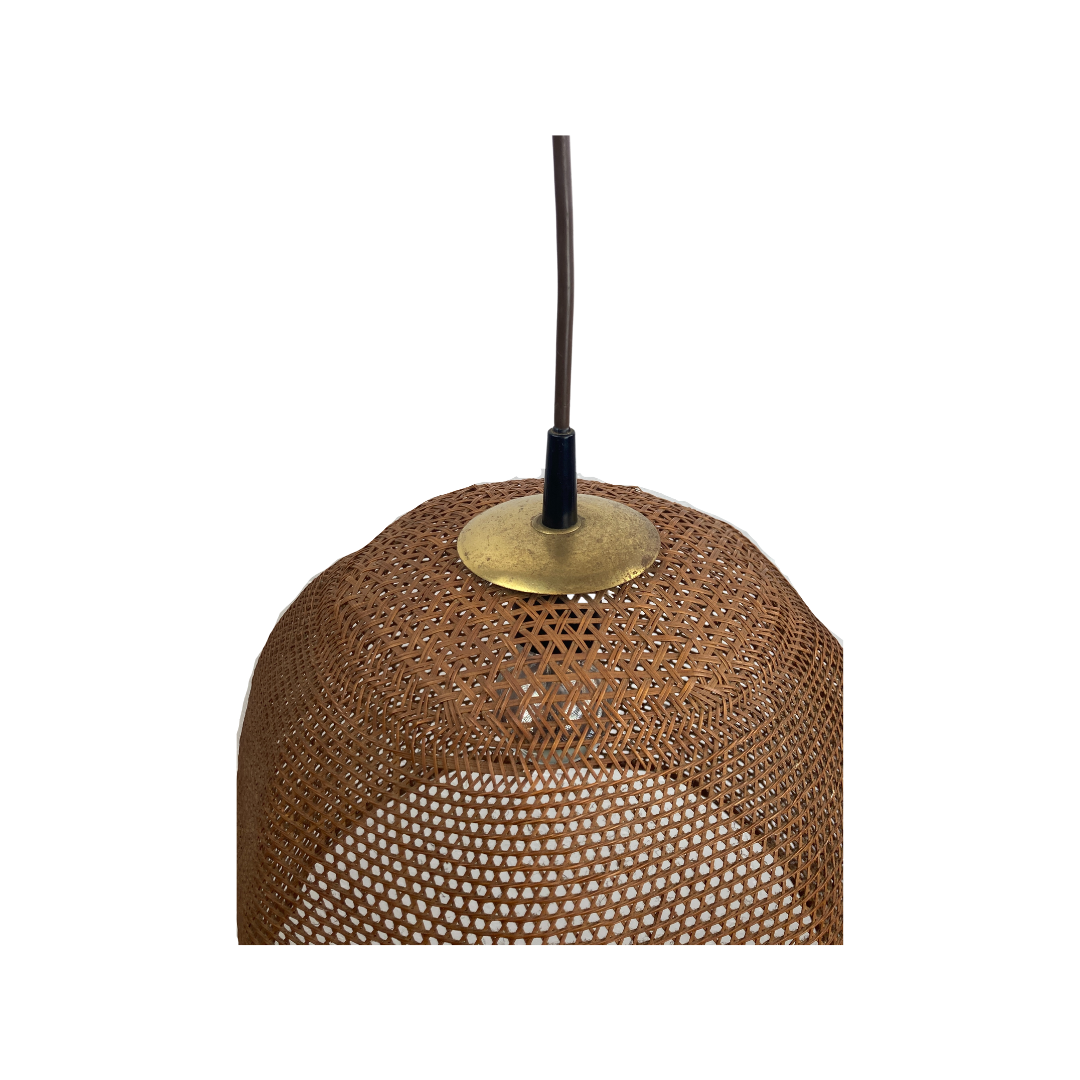 Rattan wicker webbing beehive pedant hanging lamp with brass, Dutch 1960s