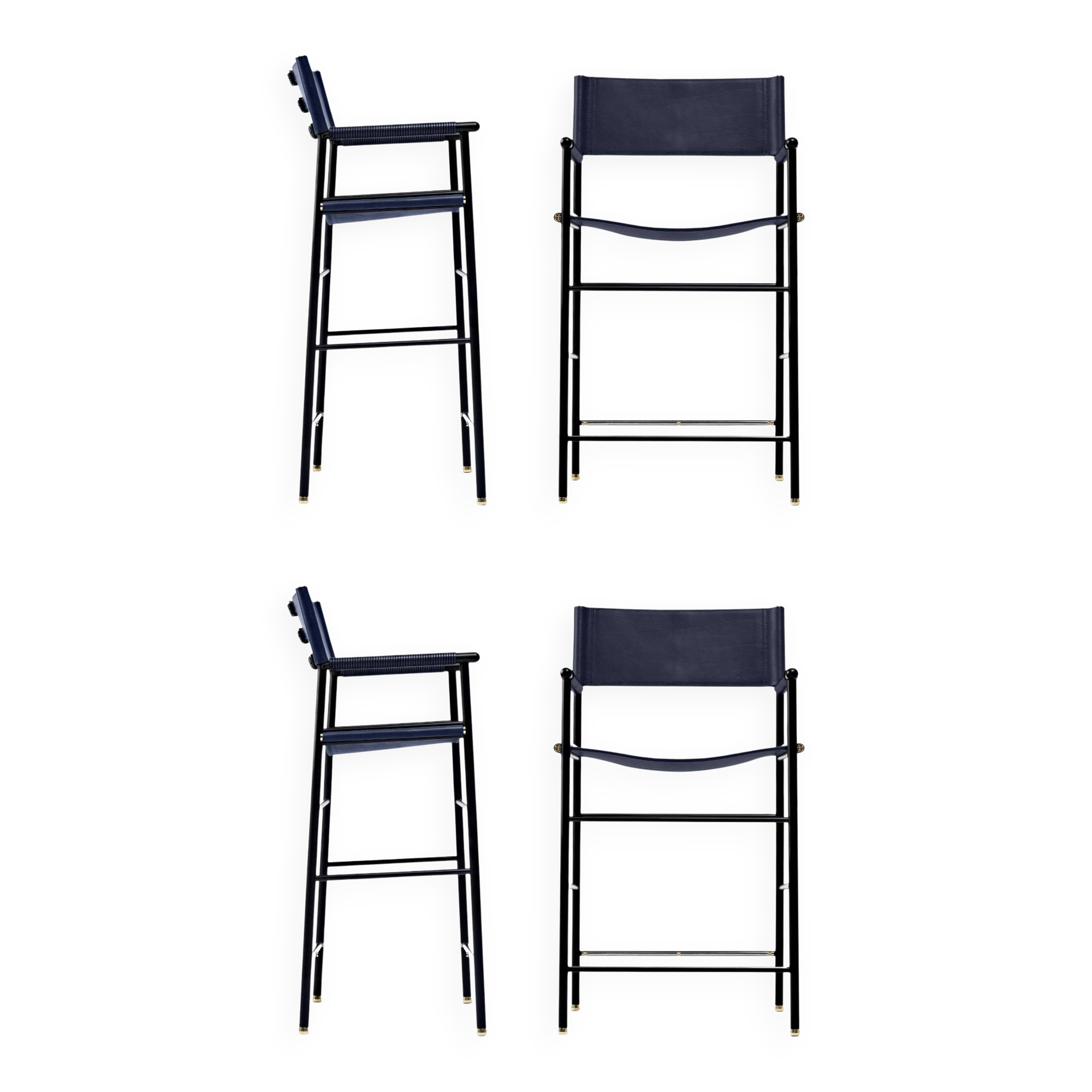 4 tabourets de bar classiques c. Respaldo Piel Azul Marino y Caucho Metalizado Negro