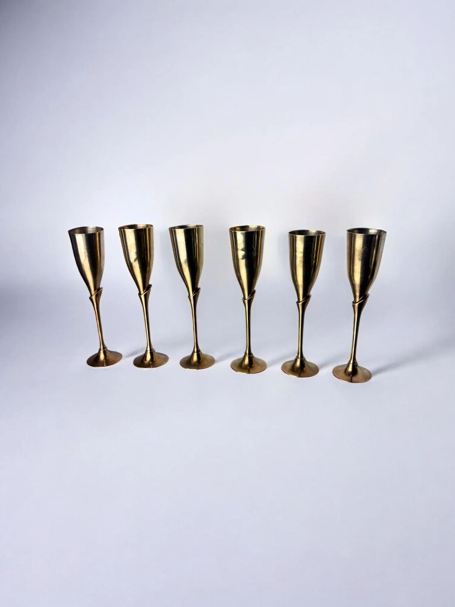 Brutalist champagne glasses in brass, set of 6, Spain, 1970s