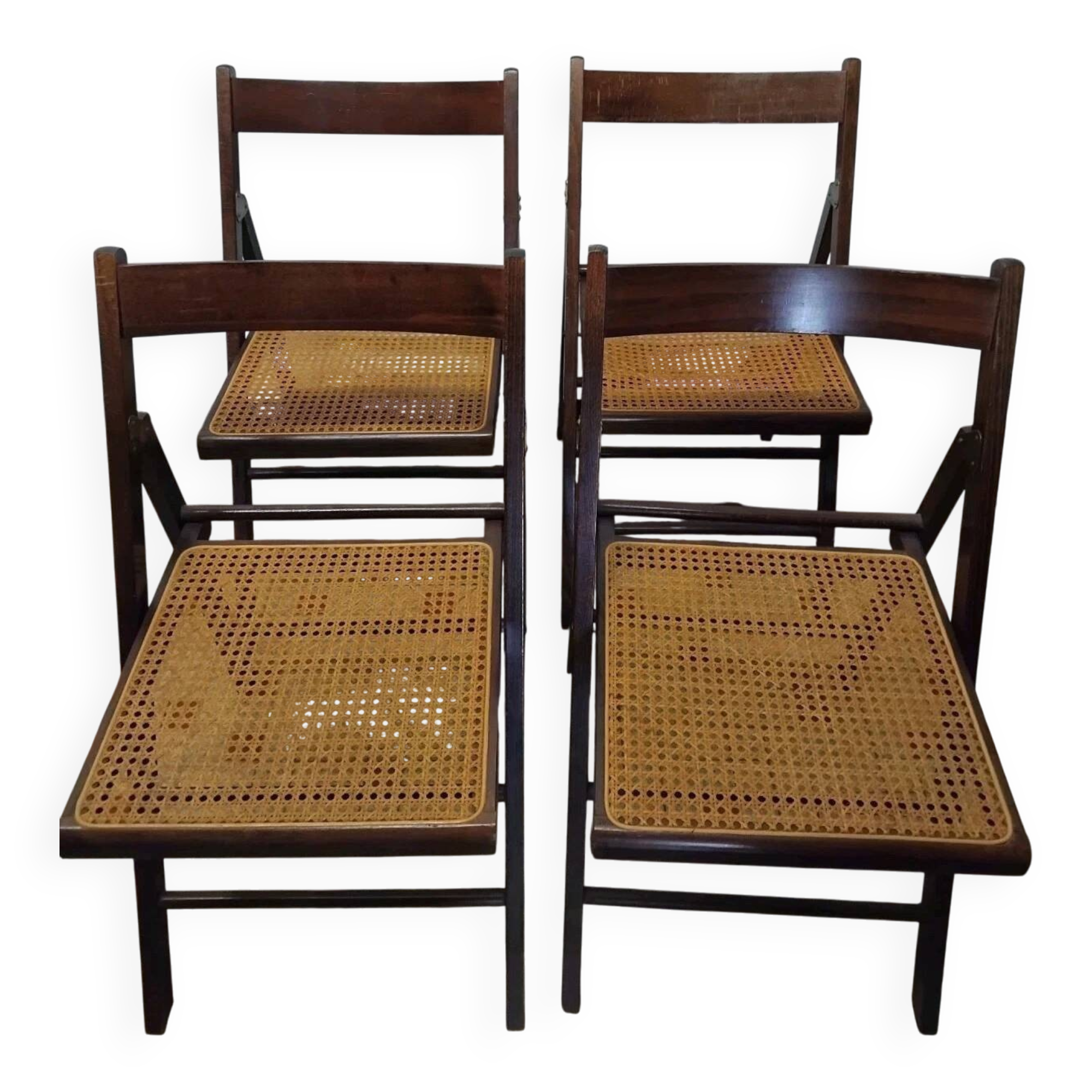 Set of 4 vintage 1970s folding chairs in wood and caning