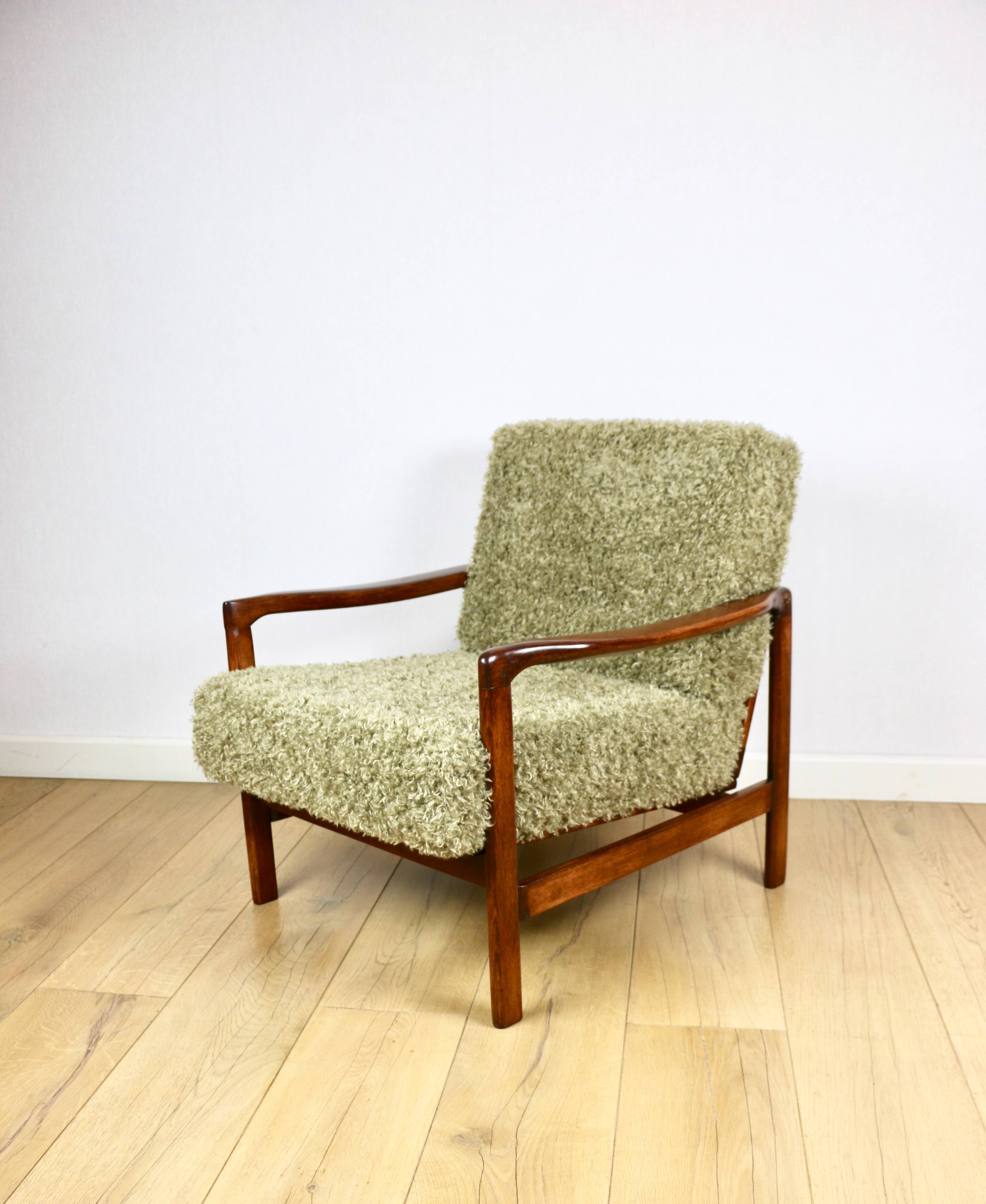 Wooden vintage brown armchair, olive green long hair, design by Z. Bączyk - 2 pieces available