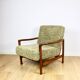 Wooden vintage brown armchair, olive green long hair, design by Z. Bączyk - 2 pieces available