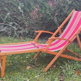 Vintage deck chair in wood and striped fabric - mid-20th century