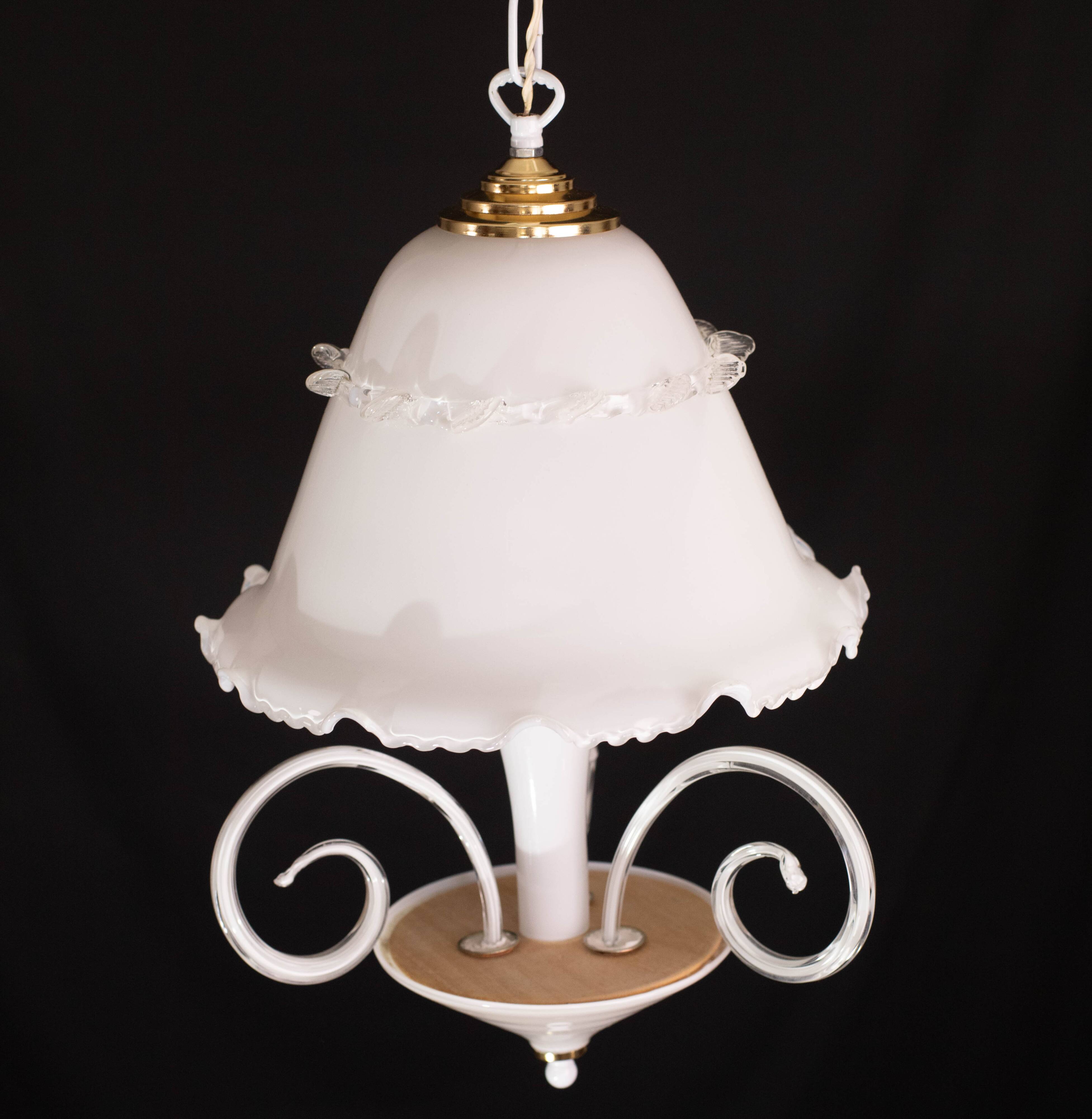 “Umbrella” Charming Murano Vintage White Chandelier in Murano Glass, 1980s