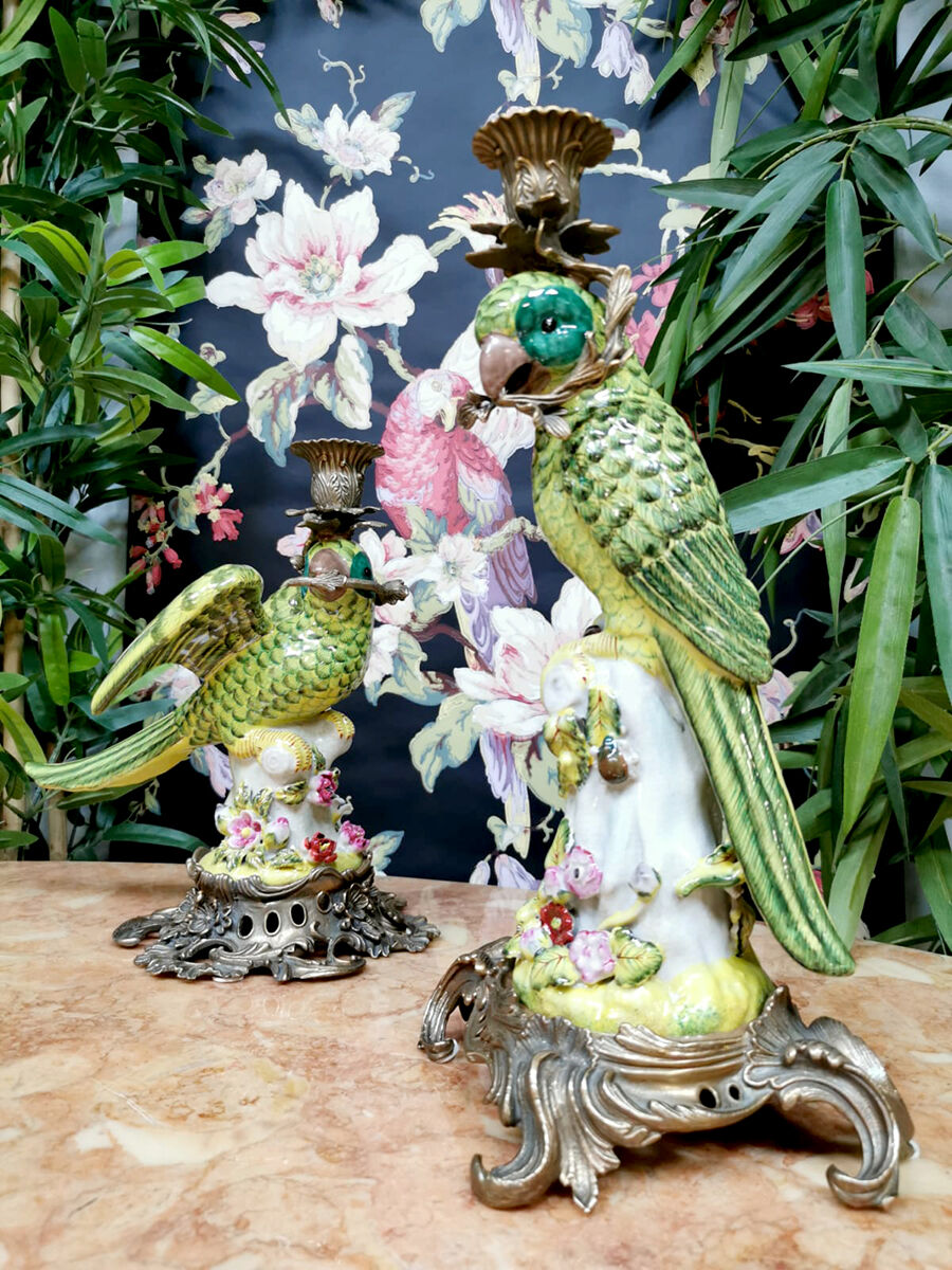 Set of 2 decorative brass candle holders porcelain parrots