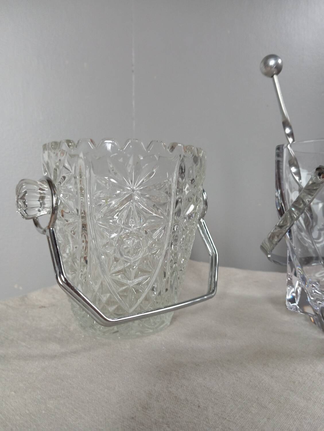 Duo of crystal ice buckets, silver metal, vintage