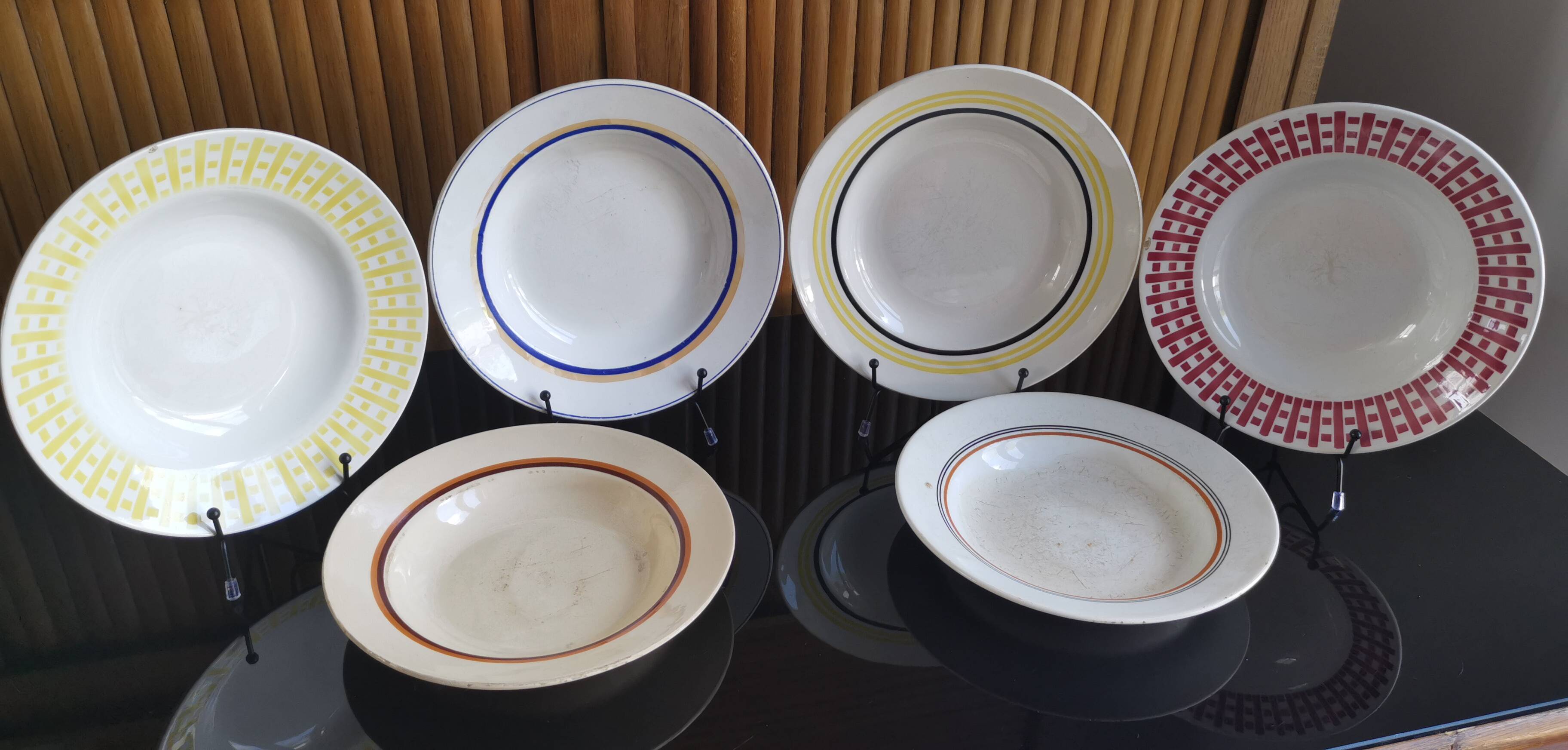 6 old plates mismatched geometric patterns Moulin des Loups, St Amand