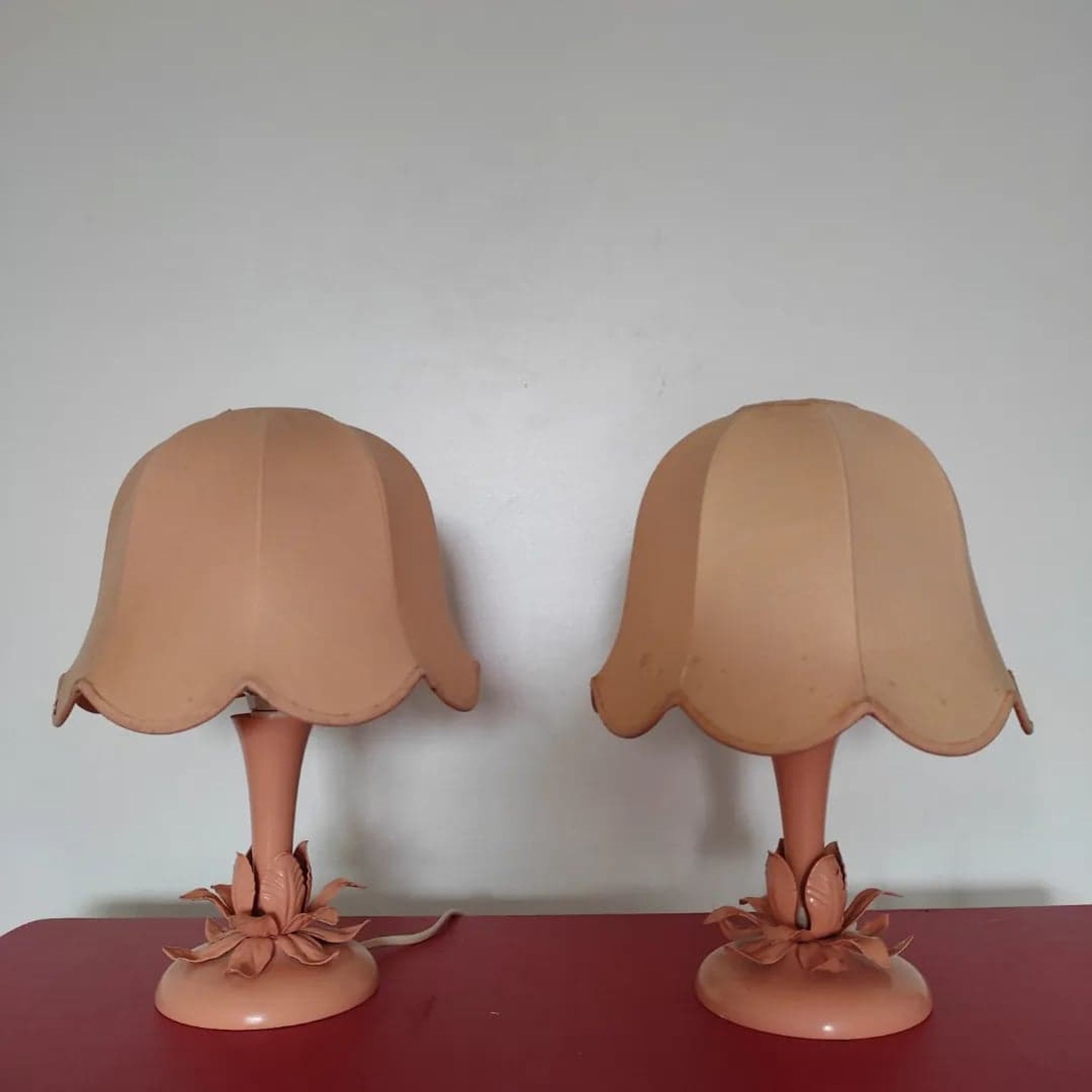 Pair of pink bedside lamps "blush/salmon" fabric lampshade, metal details.