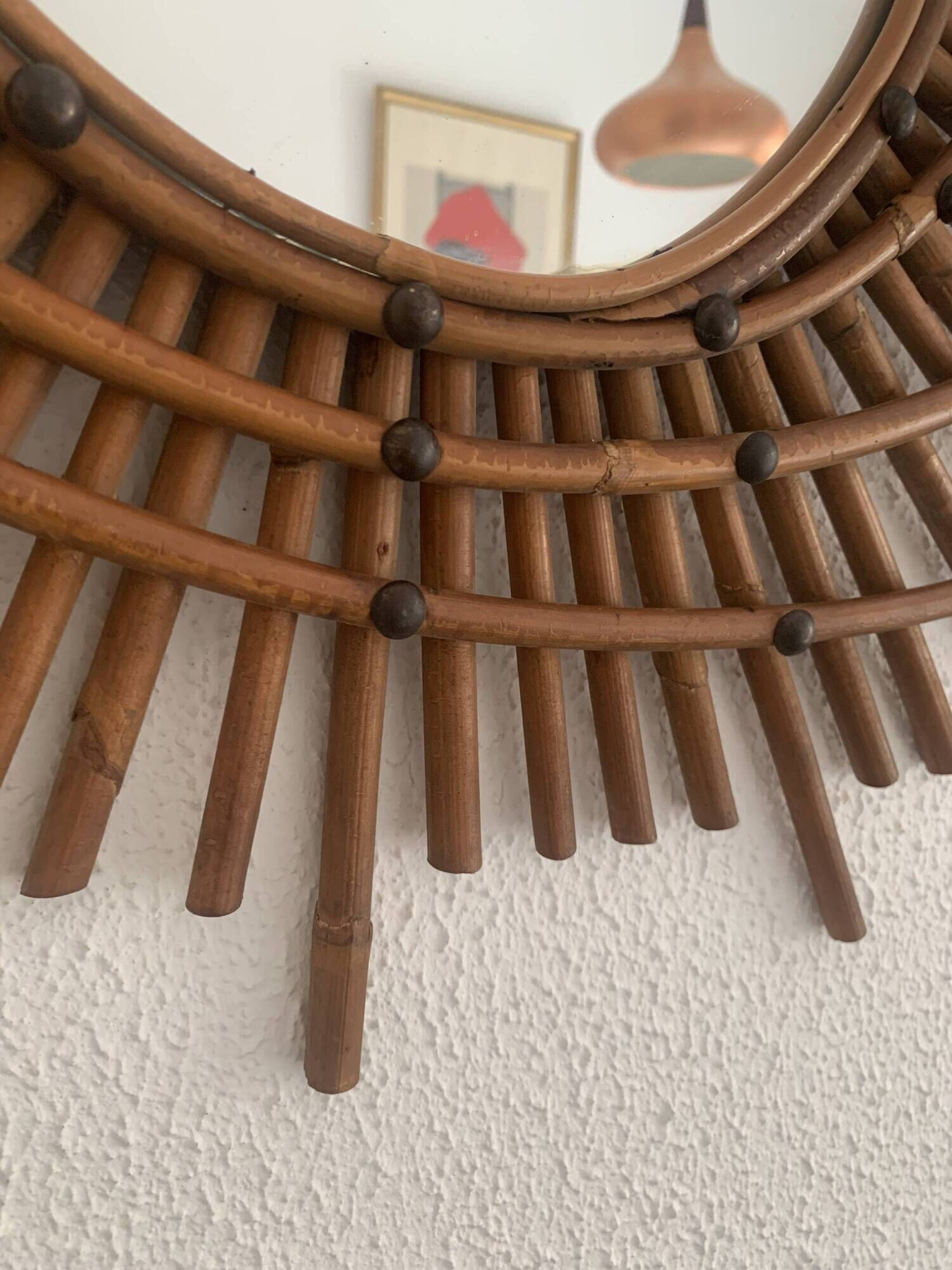 Vintage 1960s sun mirror in rattan, ORTF style, spiral - 80 x 62 cm