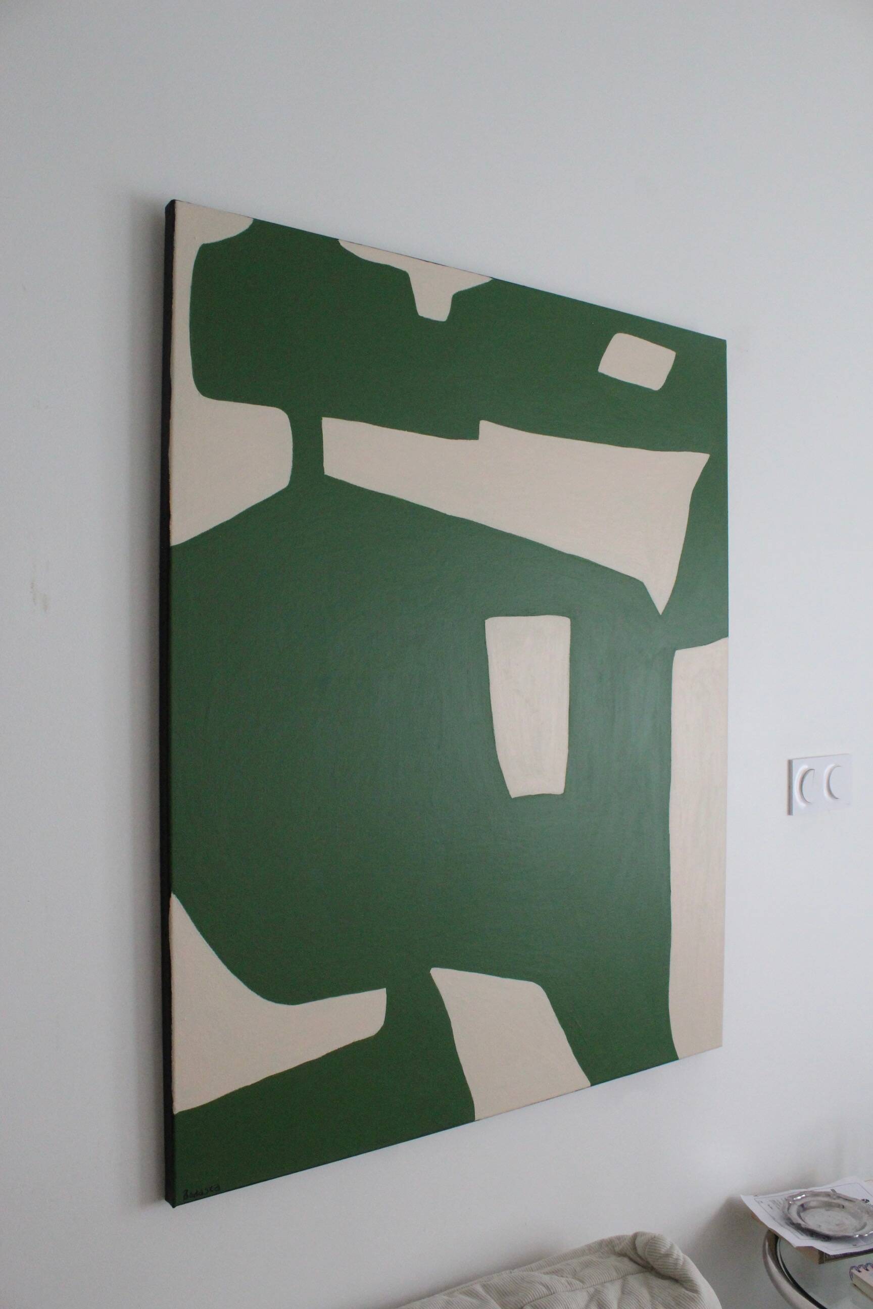 Organic abstract on green and beige canvas 100x81cm