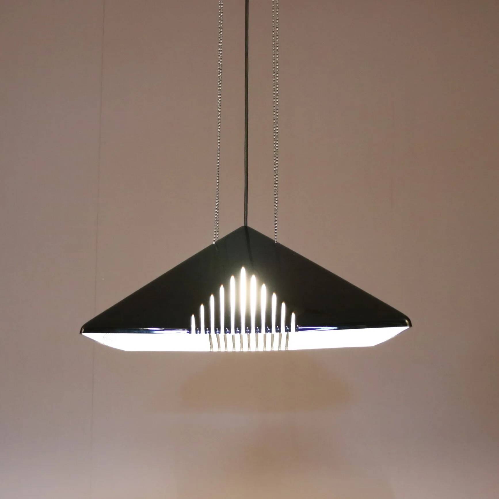 Black plexiglass pendant lamp from the 1980s, mounted on chains, originating from Italy.