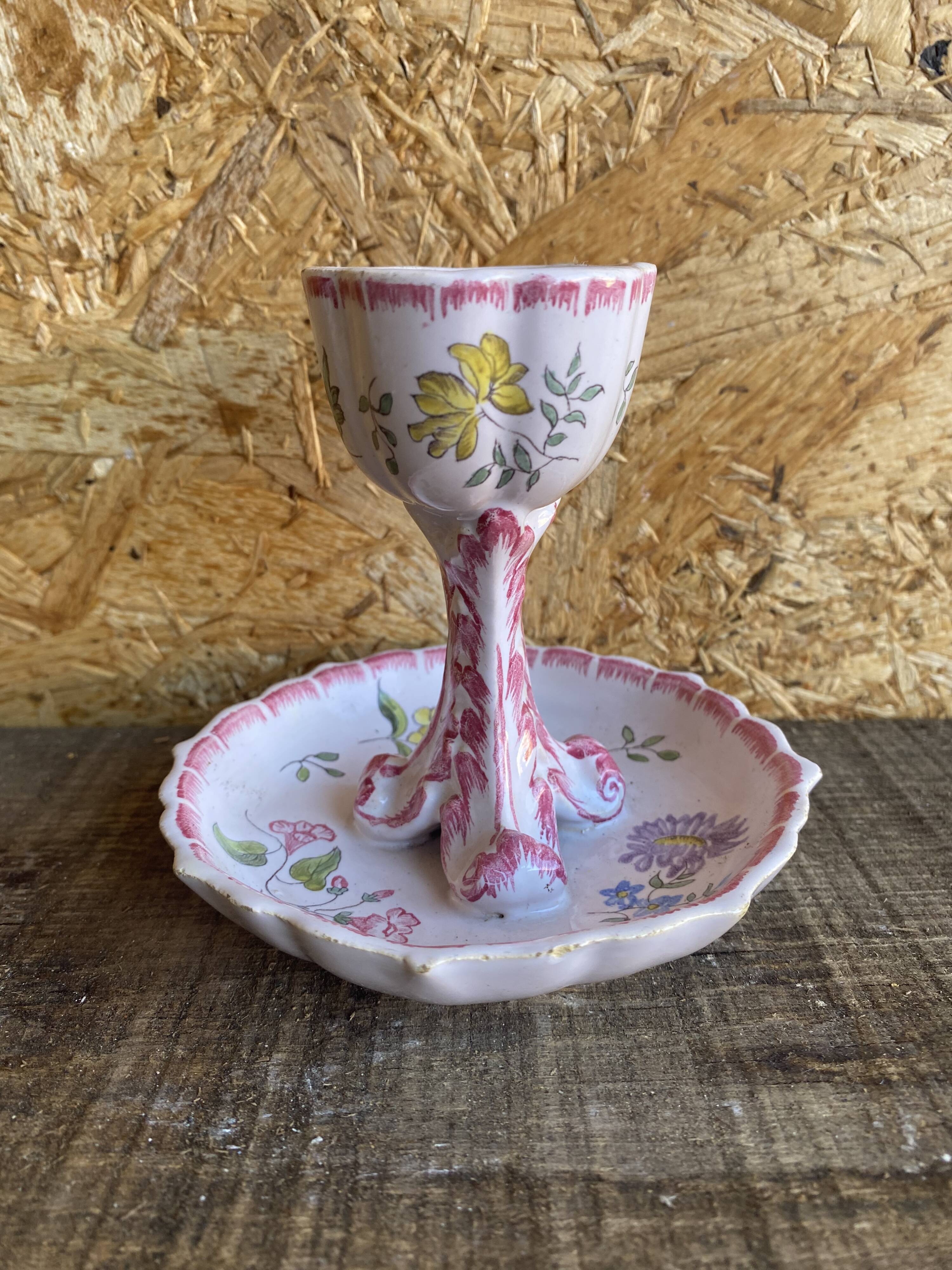 Vintage Ceramic Egg Cup on Stand with Pink Flower Decoration #D984