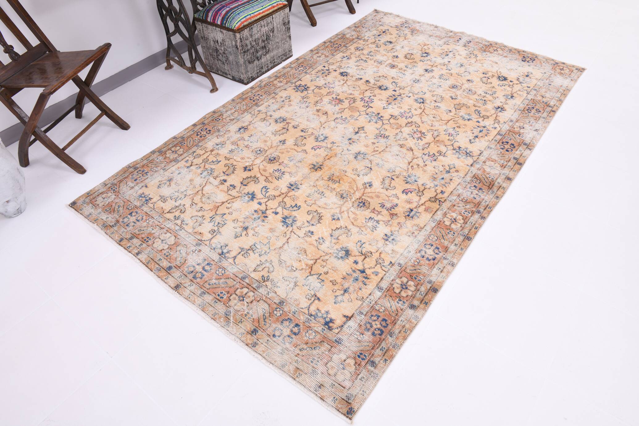 5x8 Rug For Farmhouse Room Blue Orange Vintage Rug, 162x262Cm SK 5165