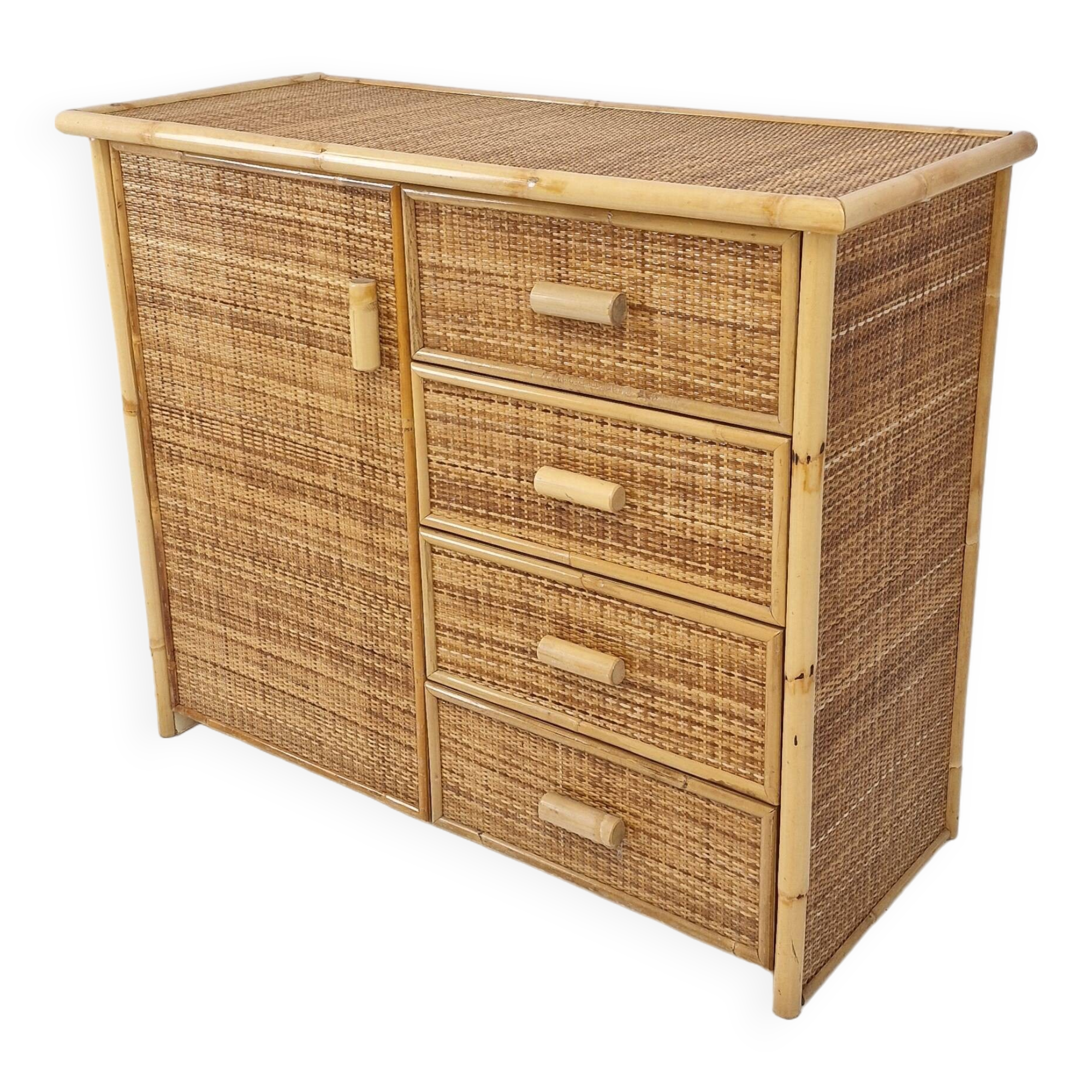 Commode ou crédence italienne en bambou et rotin, années 1980