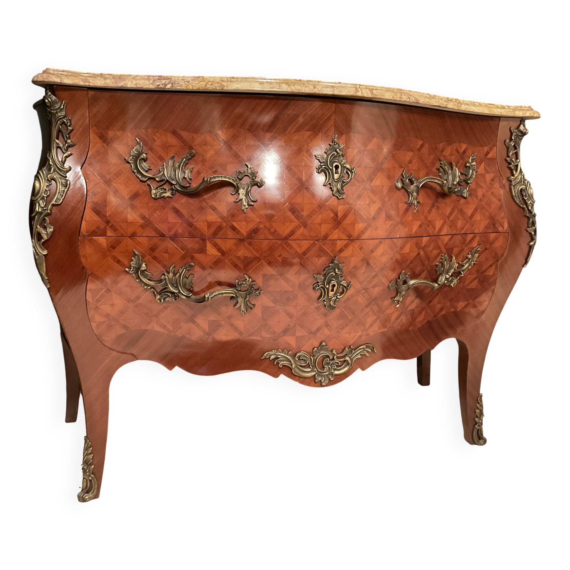 Curved commode with marquetry and marble top.