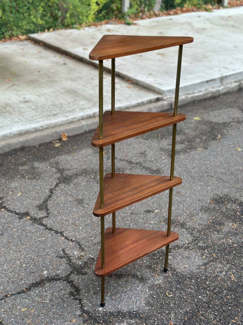 Mid-Century 4-Tier Corner Shelf in Solid Teak/Mahogany Brass 1960