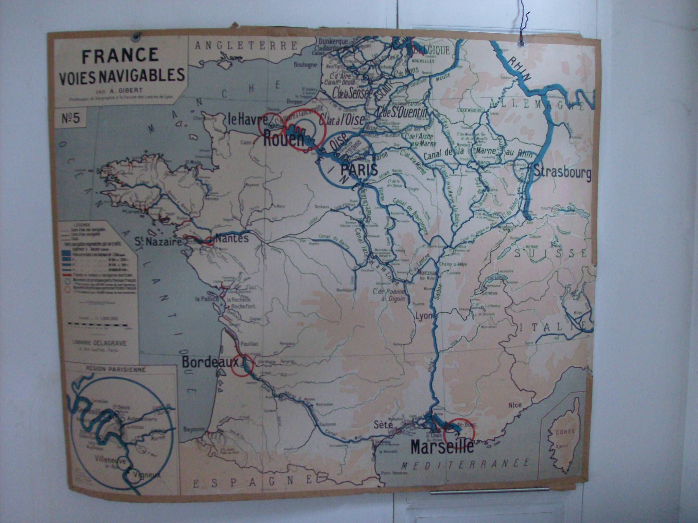 Old school map of geography France aviation waterways TSF by Gibert