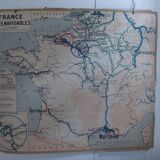 Ancienne carte scolaire de géographie France voies navigables aviation TSF par Gibert