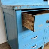 Wooden commercial workshop furniture with 4 drawers and 2 hinged doors - original patina