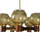 Scandinavian chandelier in mahogany wood and brass