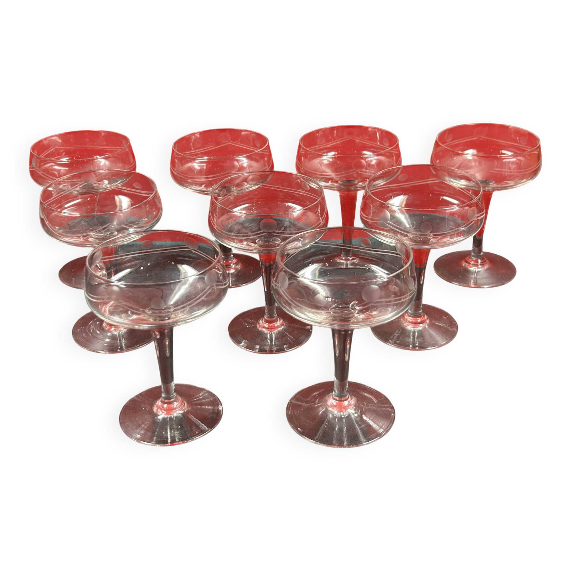 9 antique champagne glasses frosted engraved decor slender molded foot