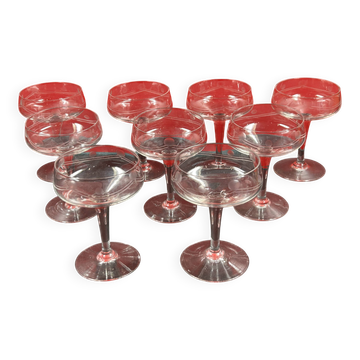 9 antique champagne glasses frosted engraved decor slender molded foot