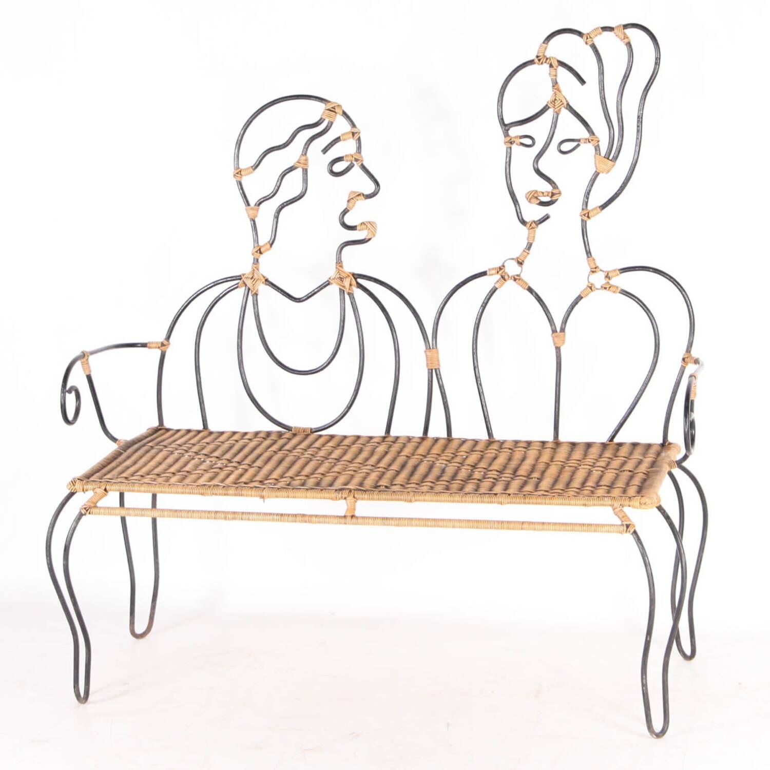 Iron and rattan bench