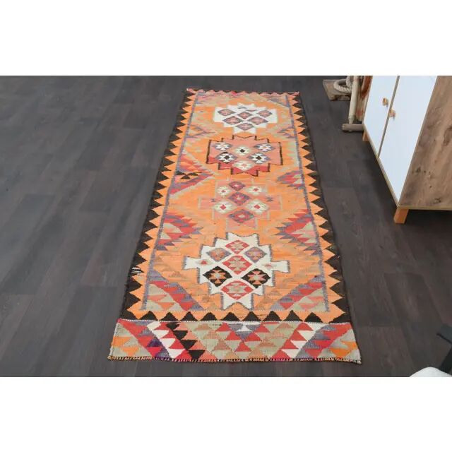 1970s Turkish Oushak Handmade Wool Cotton Orange Runner Rug 95x254