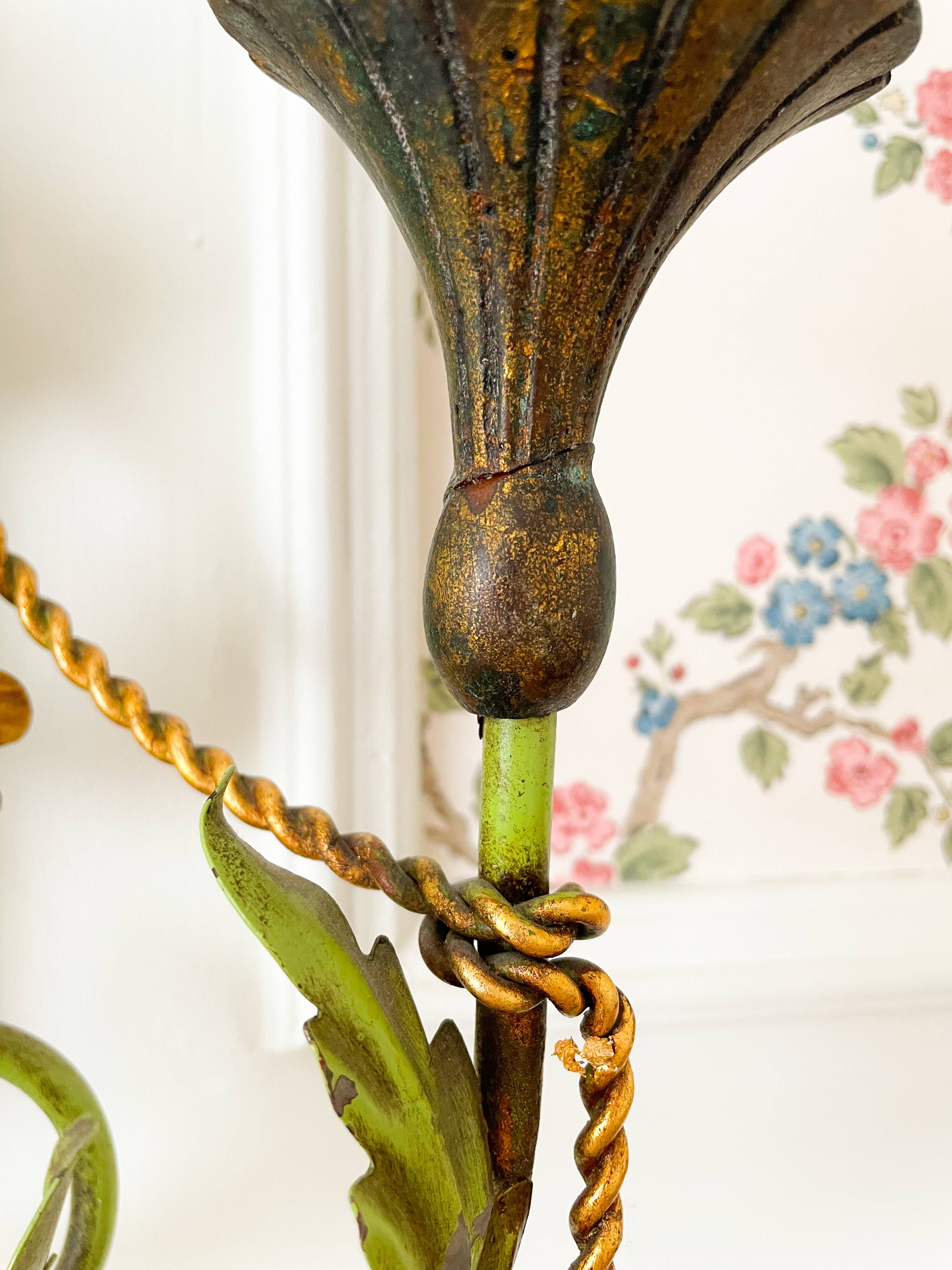 Large vintage Italian wall sconce with golden flowers, Florentine style.
