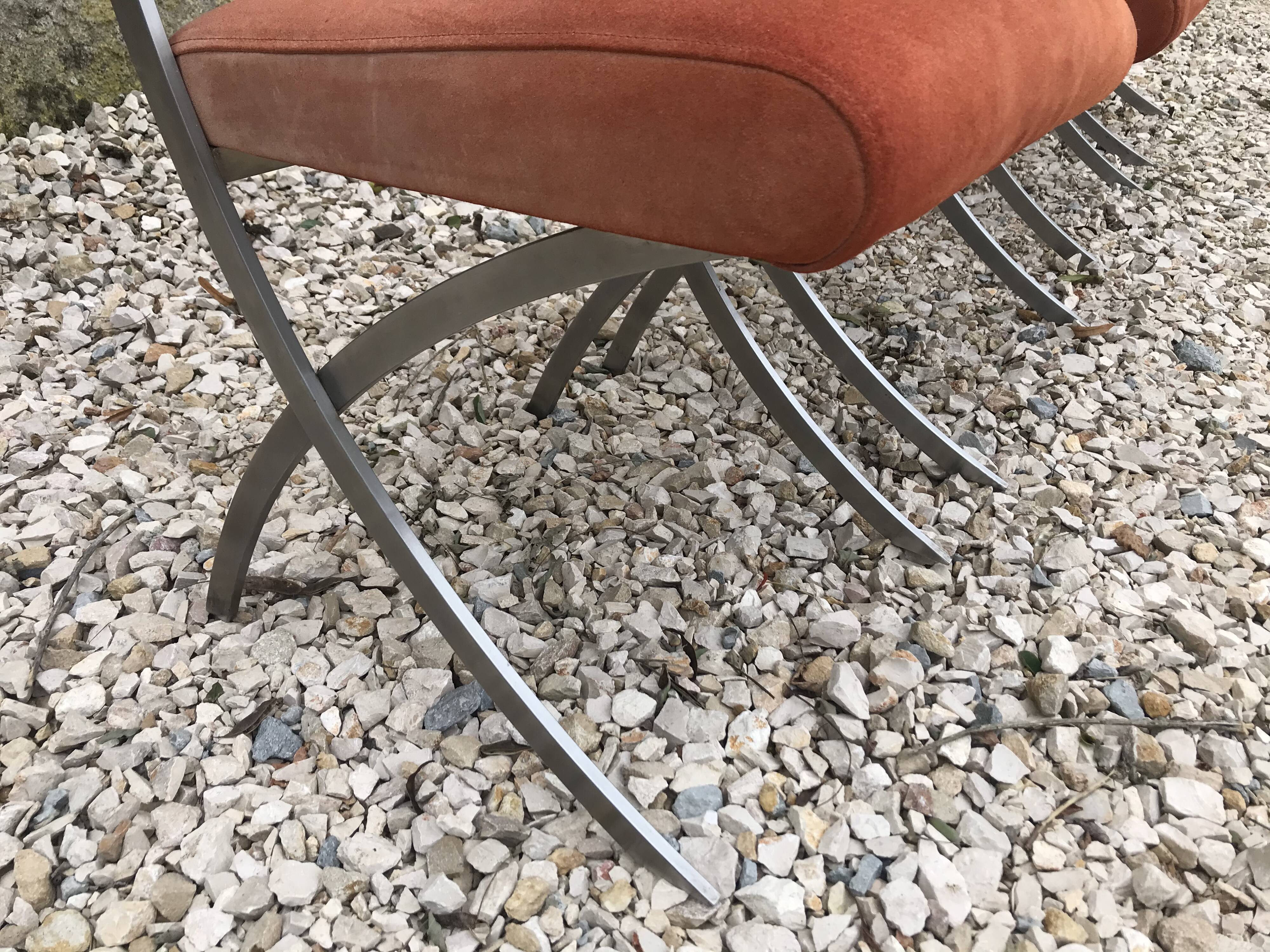 Suite of 4 vintage orange chairs 1970 steel and suede